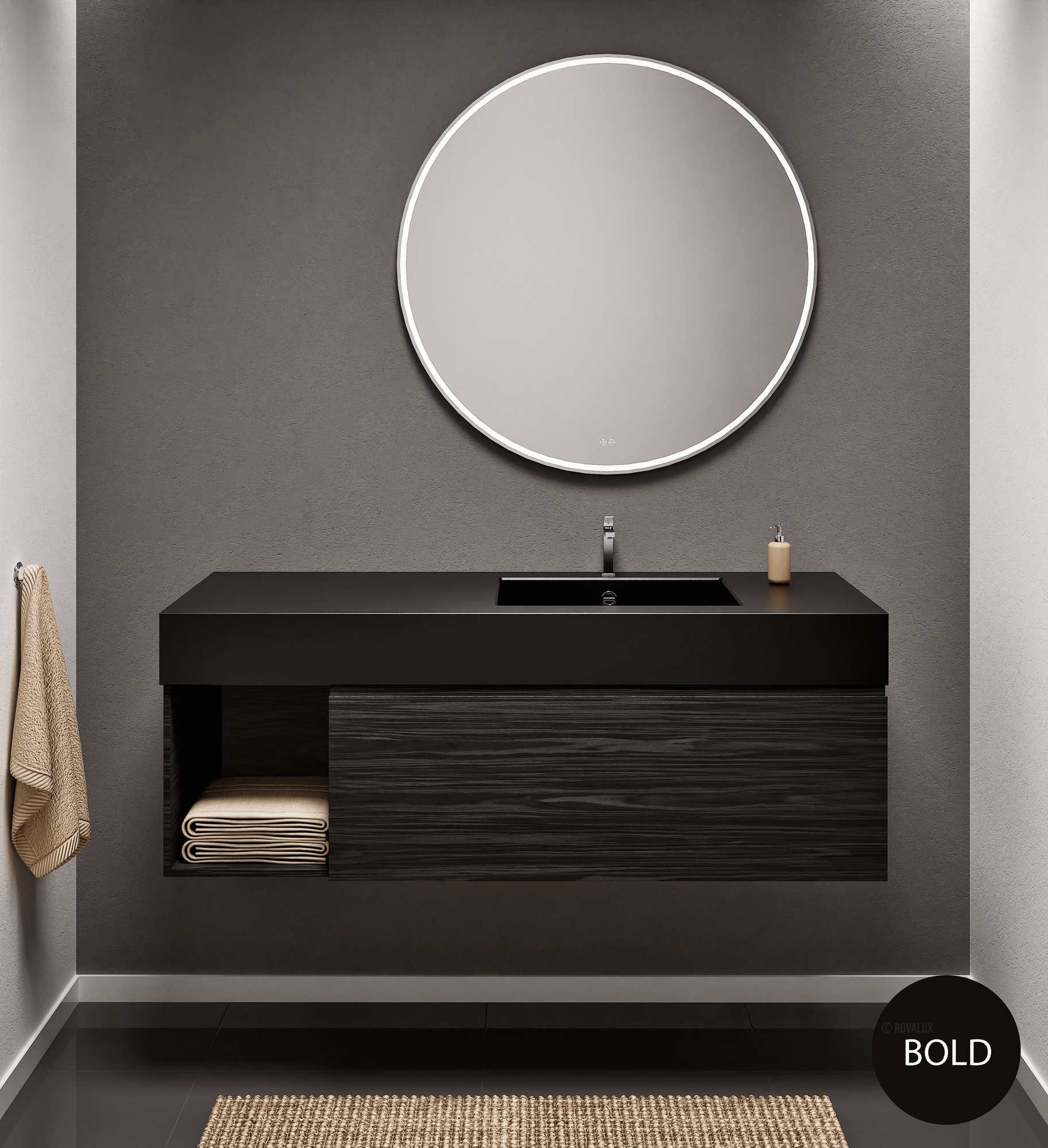 Aurora Single Set – Corian Basi & Countertop with 1 Drawer Vanity & Side Shelf - ROVALUX