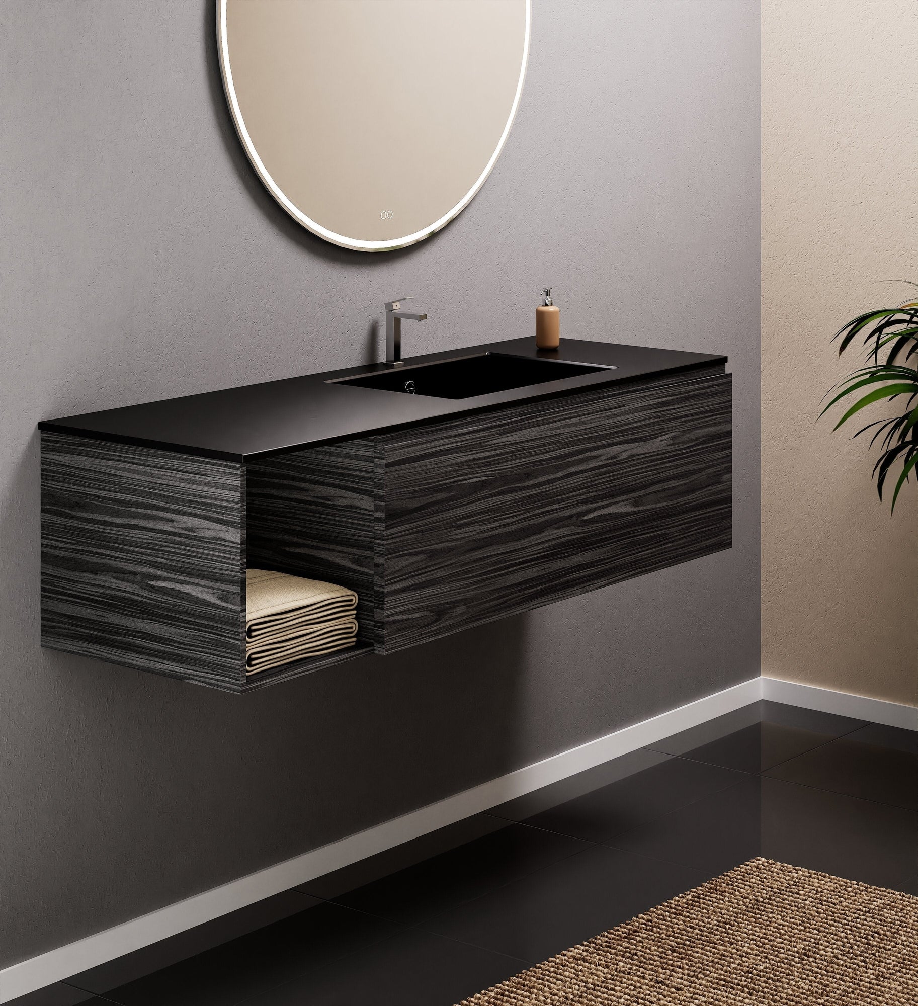 Aurora Single Set – Corian Basi & Countertop with 1 Drawer Vanity & Side Shelf - ROVALUX