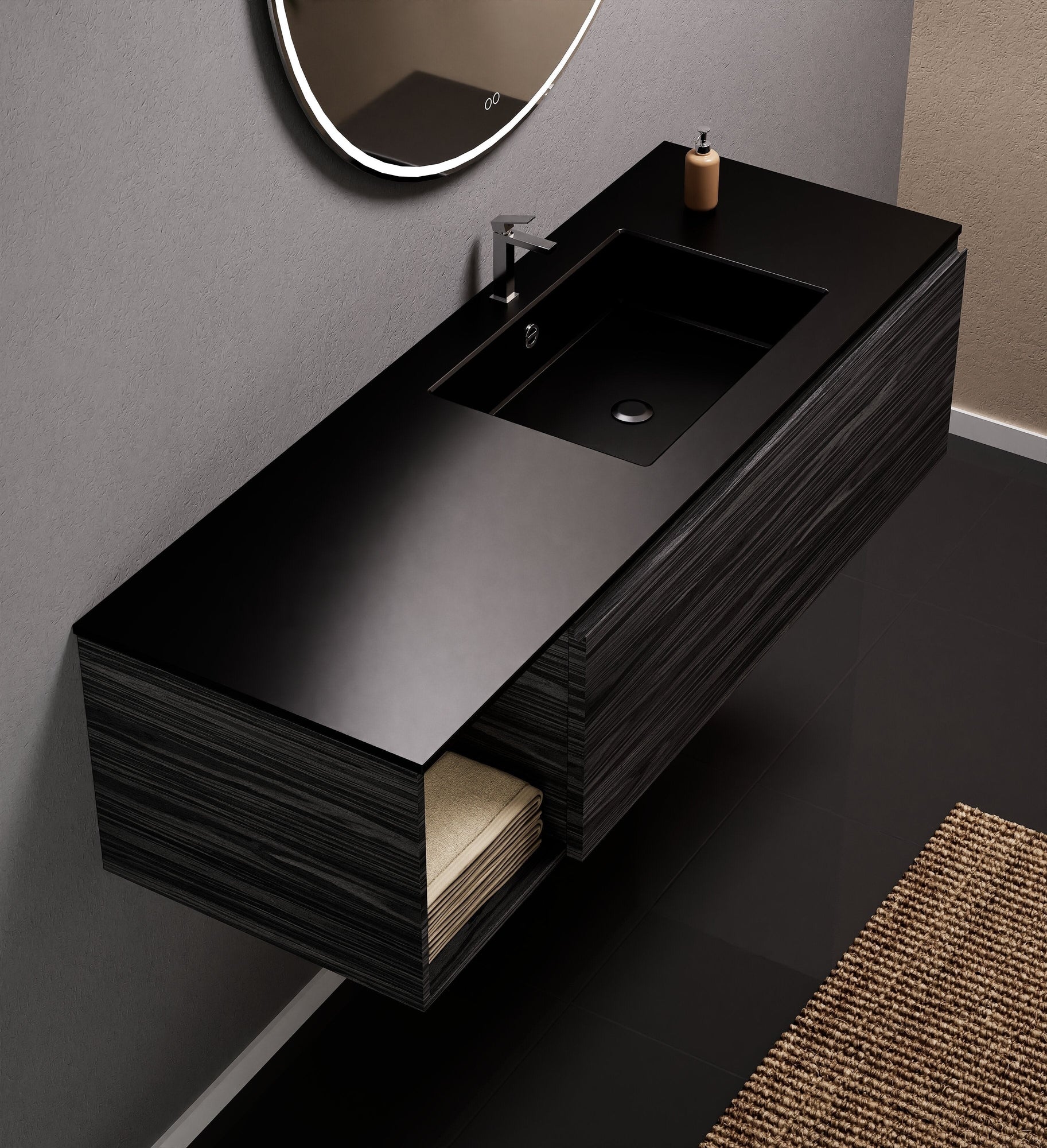 Aurora Single Set – Corian Basi & Countertop with 1 Drawer Vanity & Side Shelf - ROVALUX