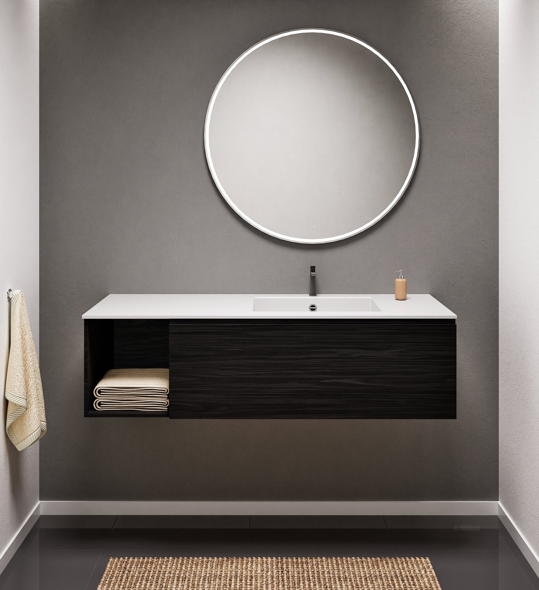 Aurora Single Set – Corian Basi & Countertop with 1 Drawer Vanity & Side Shelf - ROVALUX