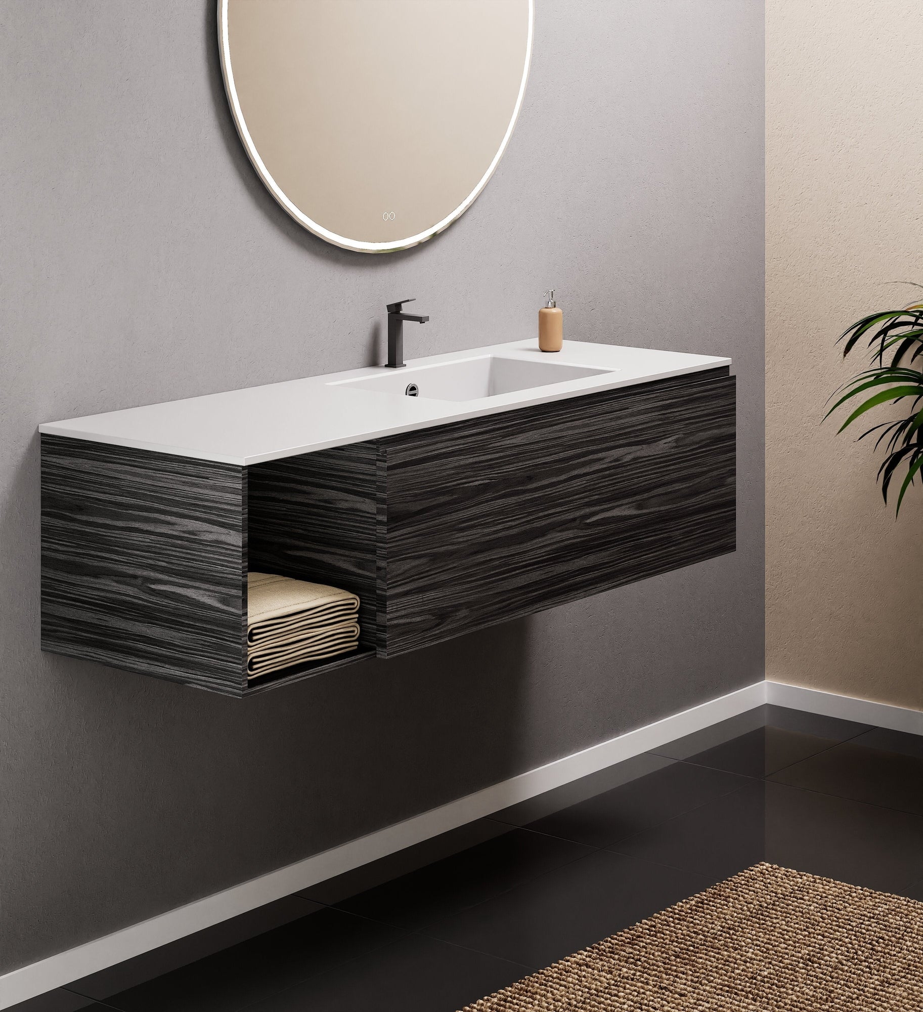 Aurora Single Set – Corian Basi & Countertop with 1 Drawer Vanity & Side Shelf - ROVALUX