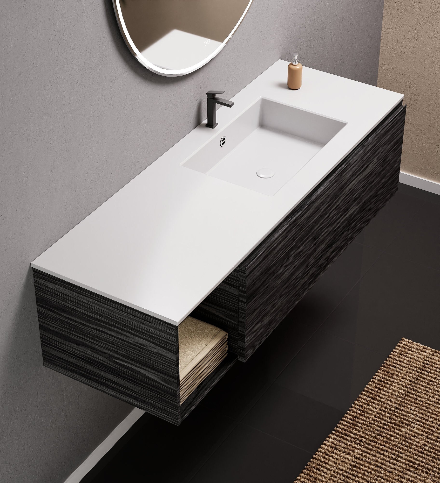 Aurora Single Set – Corian Basi & Countertop with 1 Drawer Vanity & Side Shelf - ROVALUX