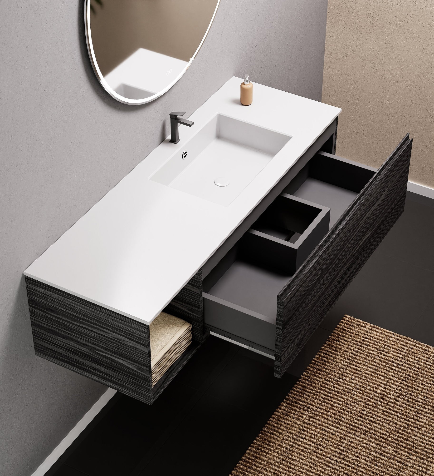 Aurora Single Set – Corian Basi & Countertop with 1 Drawer Vanity & Side Shelf - ROVALUX
