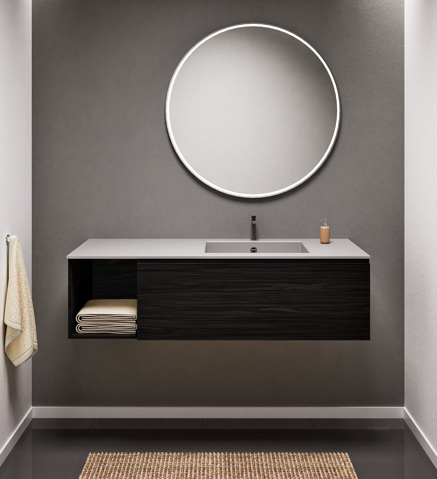 Aurora Single Set – Corian Basi & Countertop with 1 Drawer Vanity & Side Shelf - ROVALUX