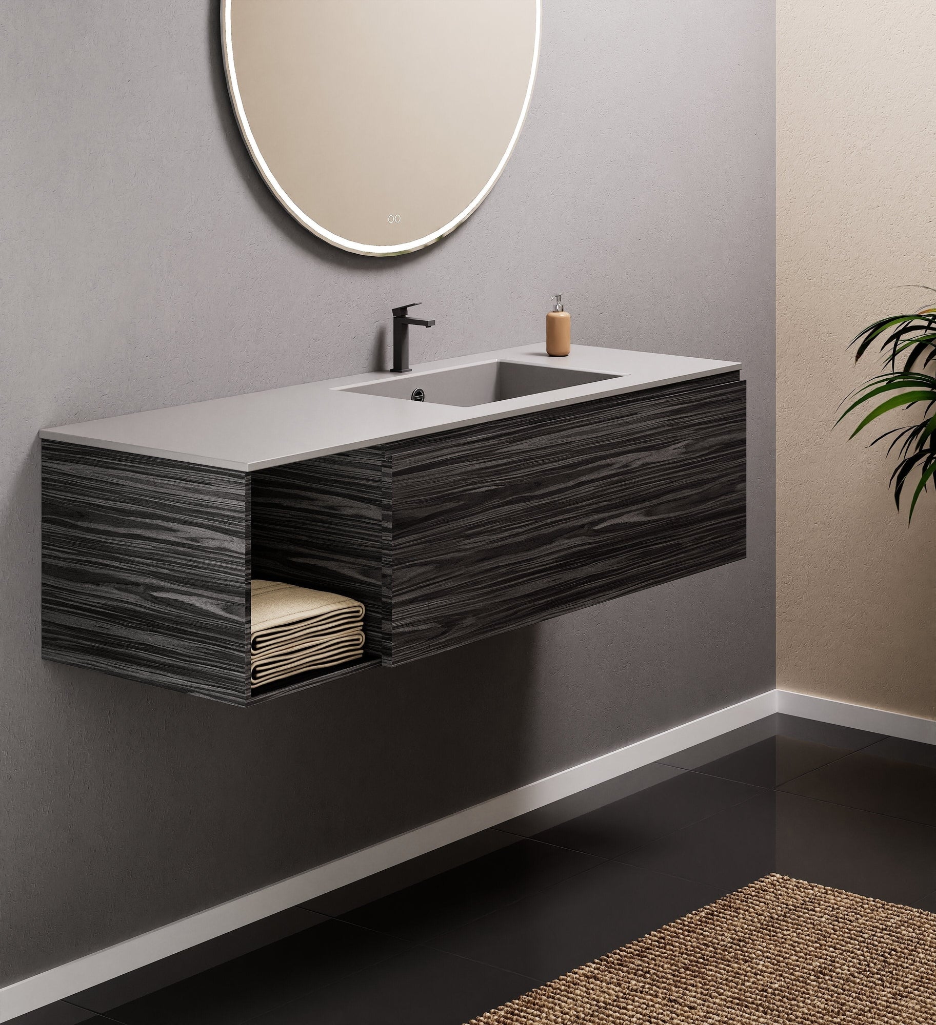 Aurora Single Set – Corian Basi & Countertop with 1 Drawer Vanity & Side Shelf - ROVALUX