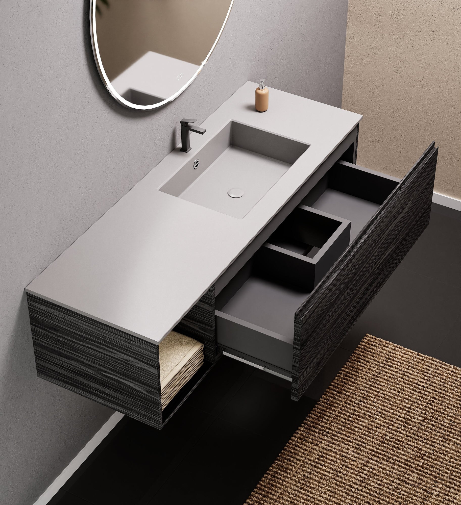 Aurora Single Set – Corian Basi & Countertop with 1 Drawer Vanity & Side Shelf - ROVALUX