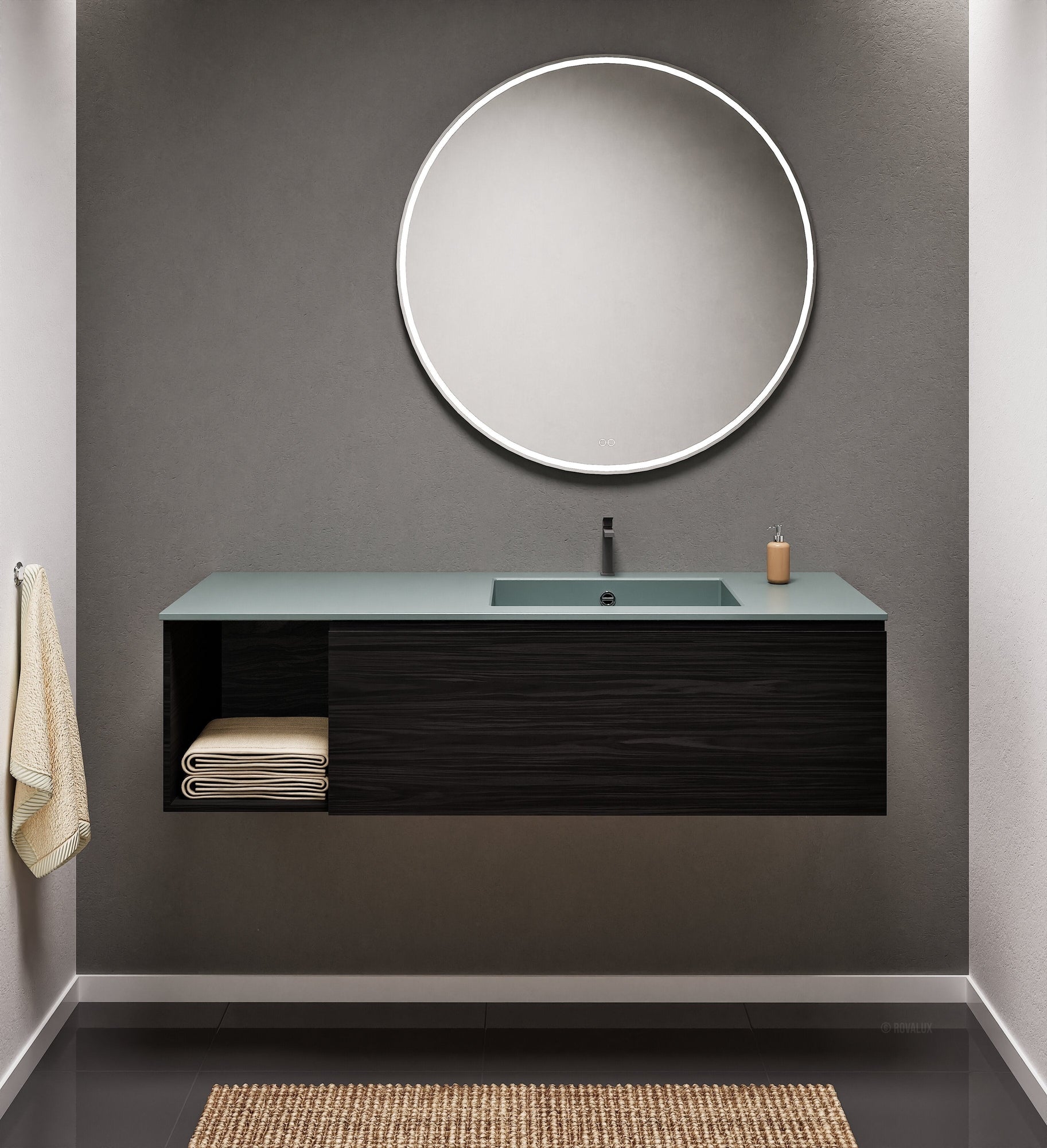 Aurora Single Set – Corian Basi & Countertop with 1 Drawer Vanity & Side Shelf - ROVALUX
