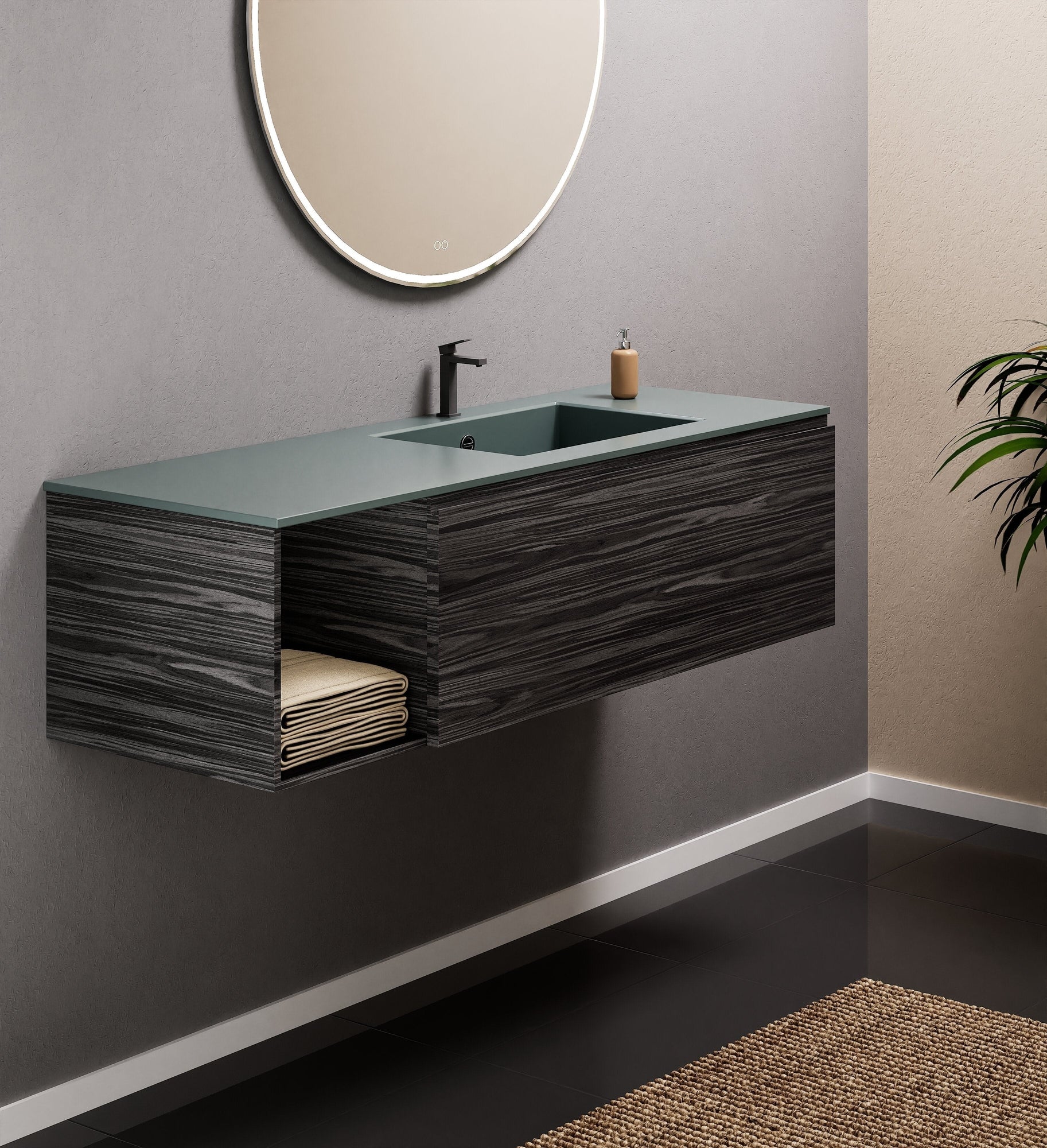 Aurora Single Set – Corian Basi & Countertop with 1 Drawer Vanity & Side Shelf - ROVALUX