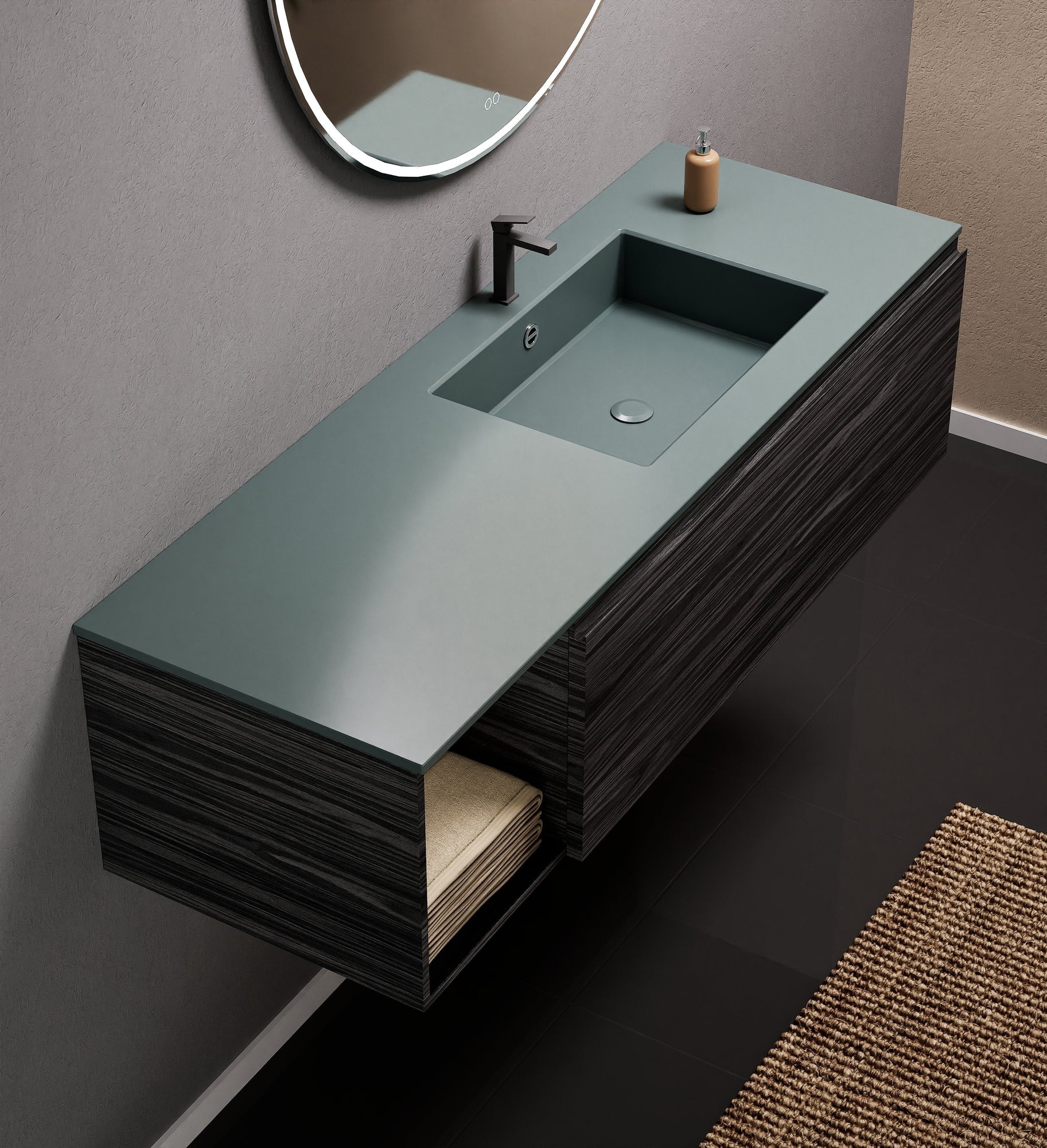 Aurora Single Set – Corian Basi & Countertop with 1 Drawer Vanity & Side Shelf - ROVALUX