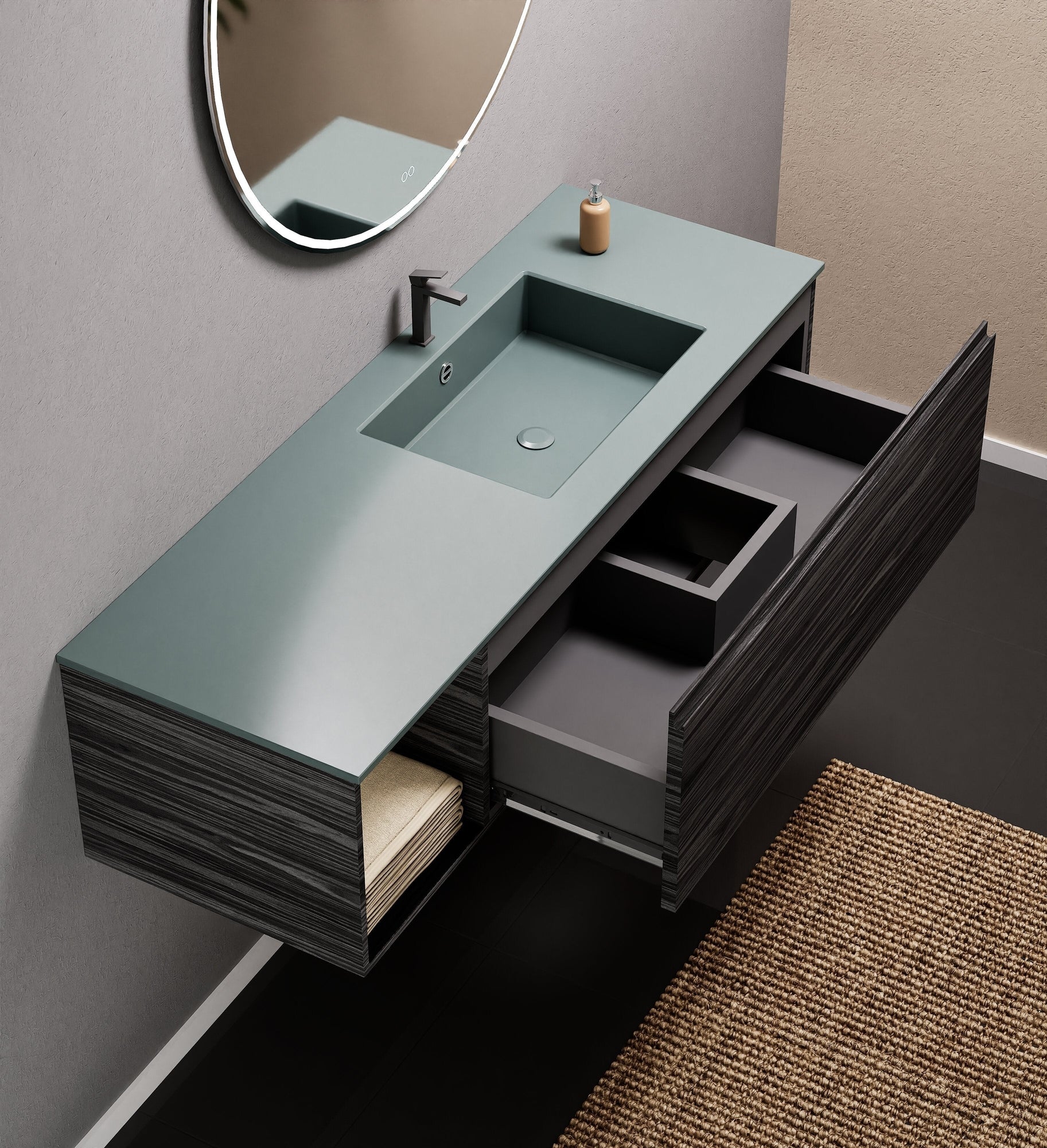 Aurora Single Set – Corian Basi & Countertop with 1 Drawer Vanity & Side Shelf - ROVALUX