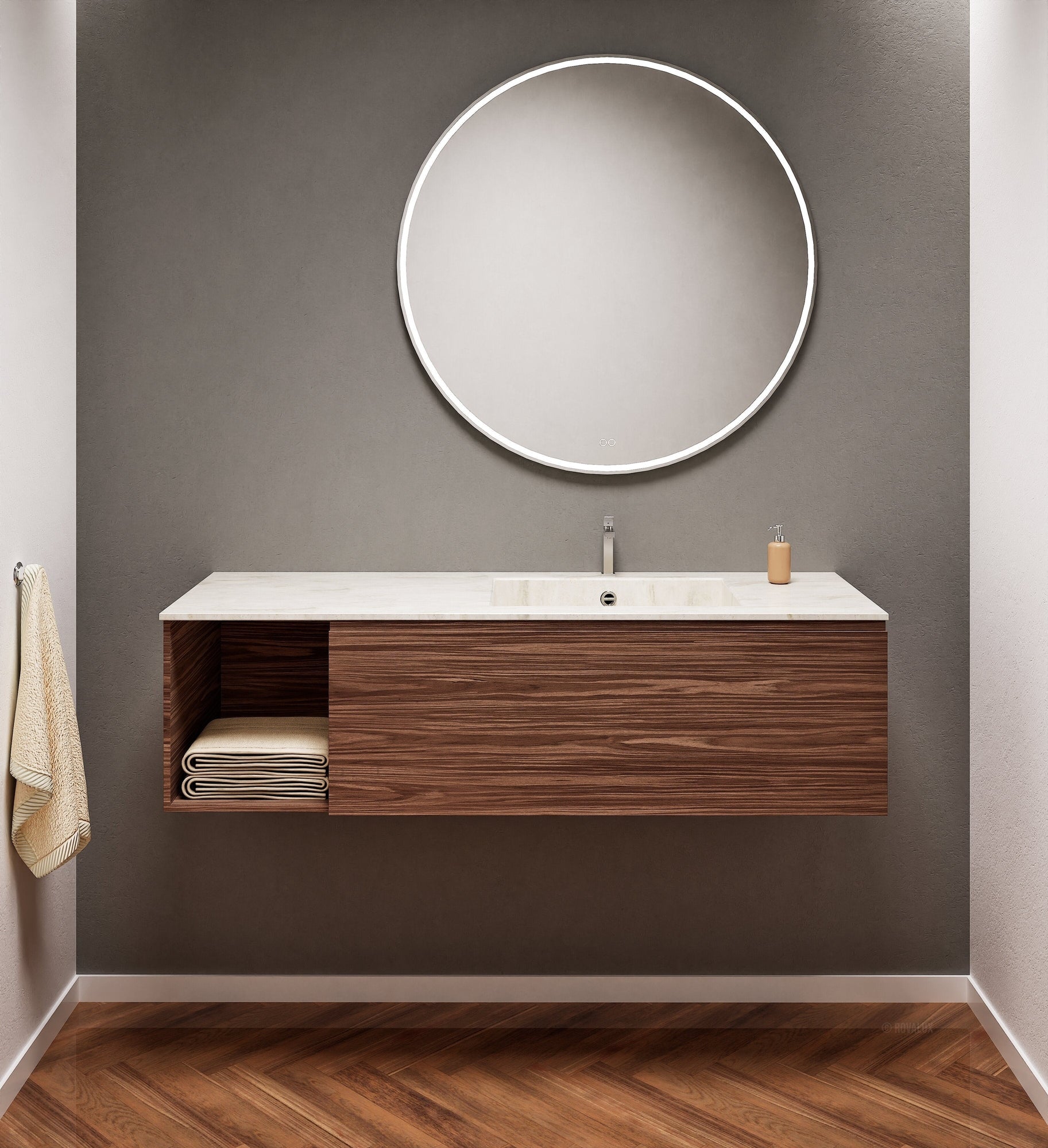 Aurora Single Set – Corian Basi & Countertop with 1 Drawer Vanity & Side Shelf - ROVALUX