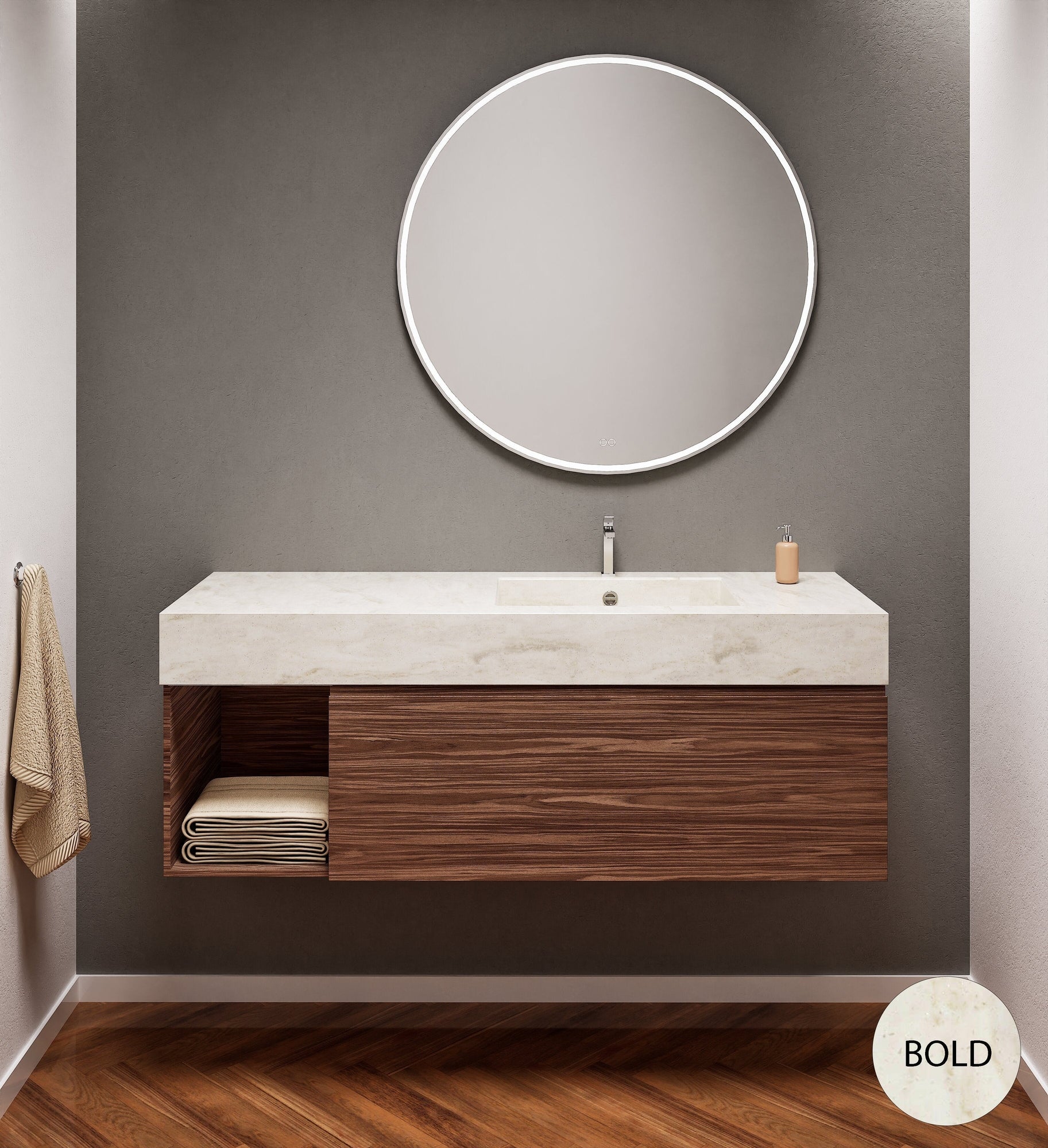 Aurora Single Set – Corian Basi & Countertop with 1 Drawer Vanity & Side Shelf - ROVALUX