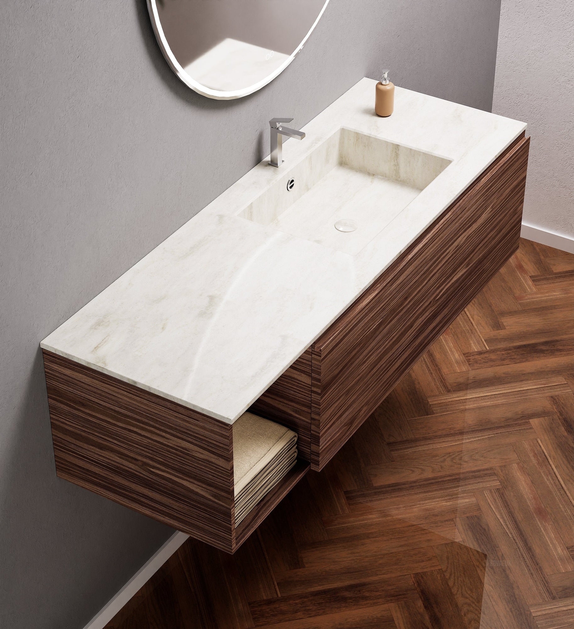 Aurora Single Set – Corian Basi & Countertop with 1 Drawer Vanity & Side Shelf - ROVALUX