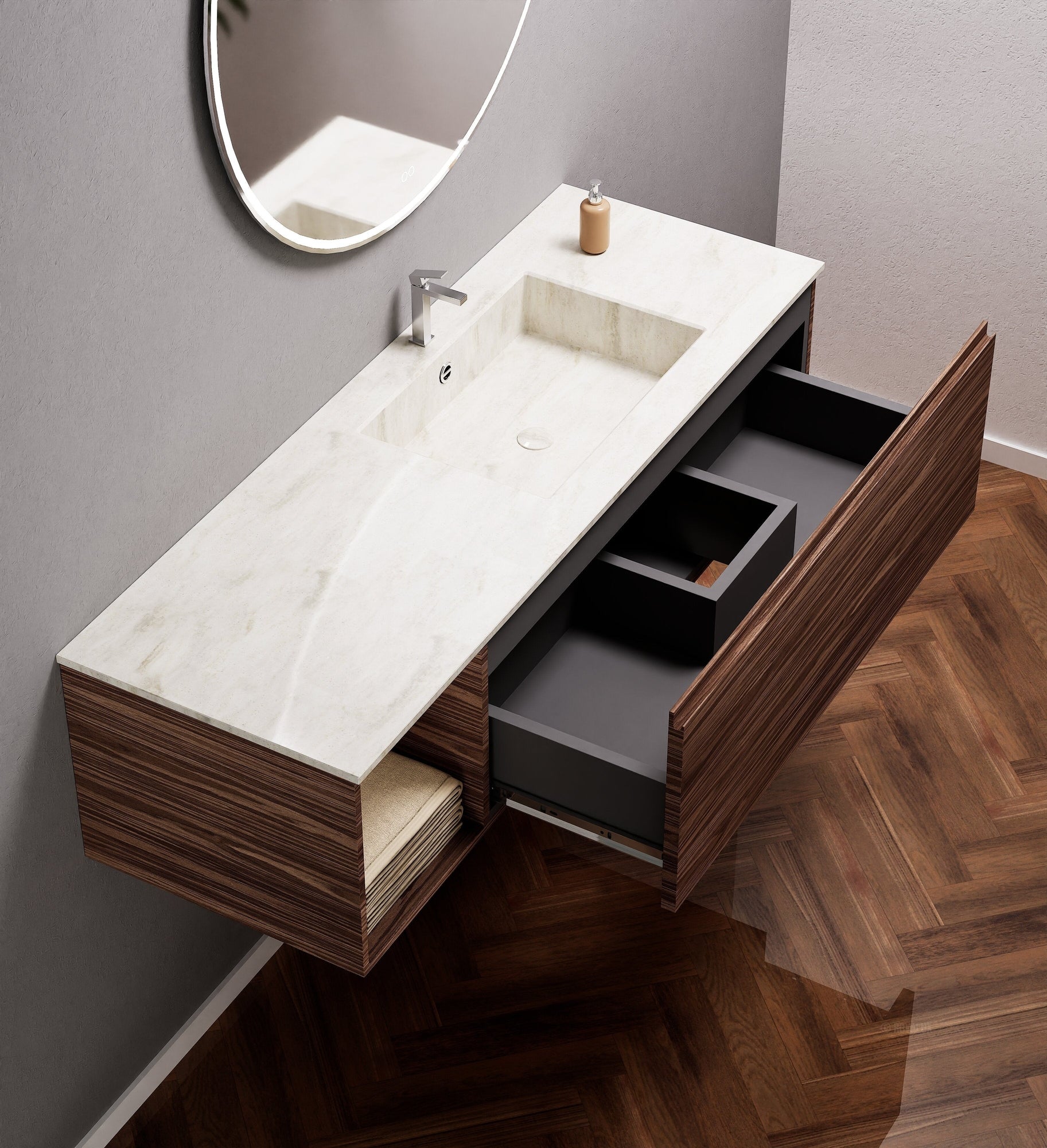 Aurora Single Set – Corian Basi & Countertop with 1 Drawer Vanity & Side Shelf - ROVALUX