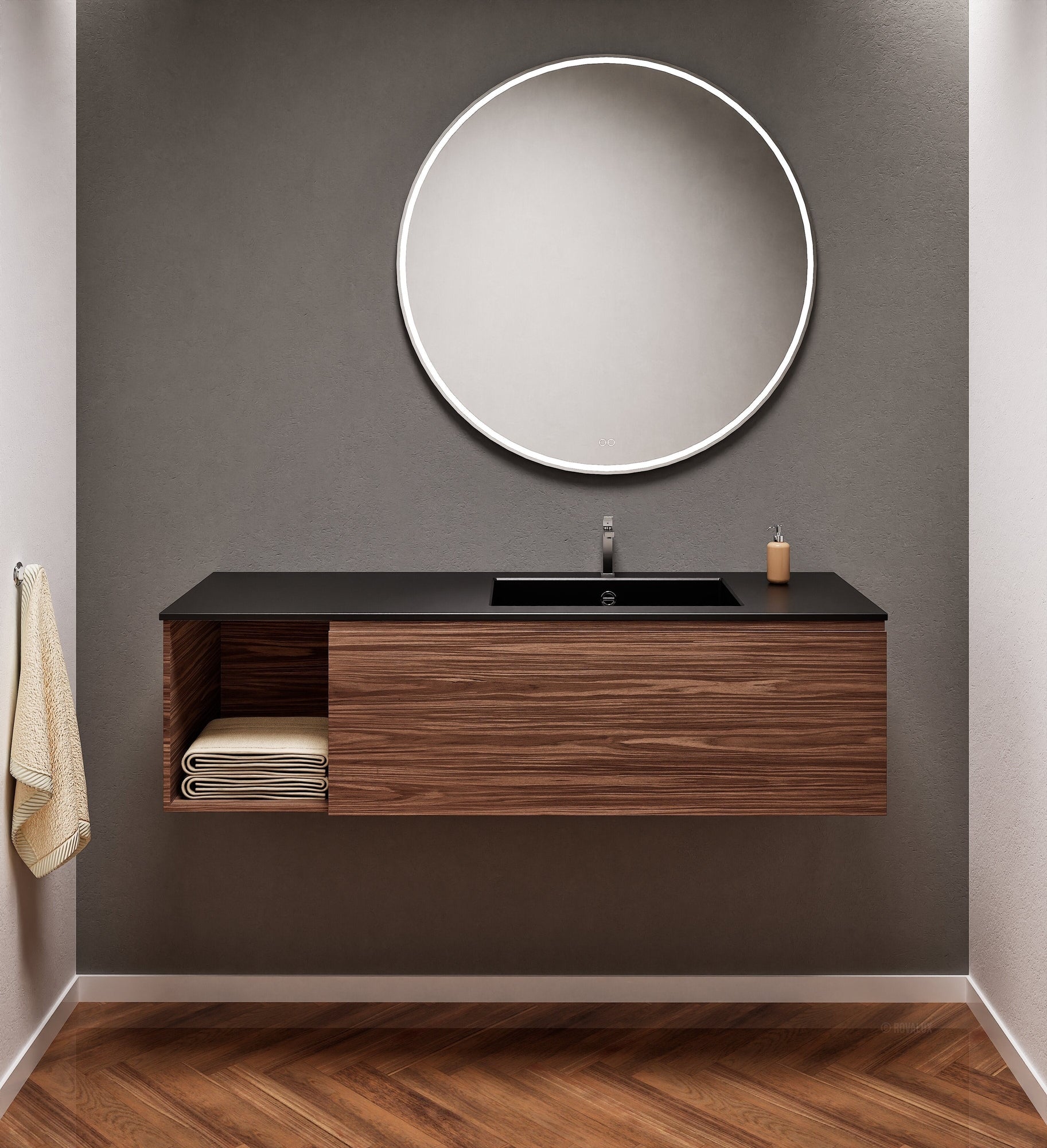 Aurora Single Set – Corian Basi & Countertop with 1 Drawer Vanity & Side Shelf - ROVALUX
