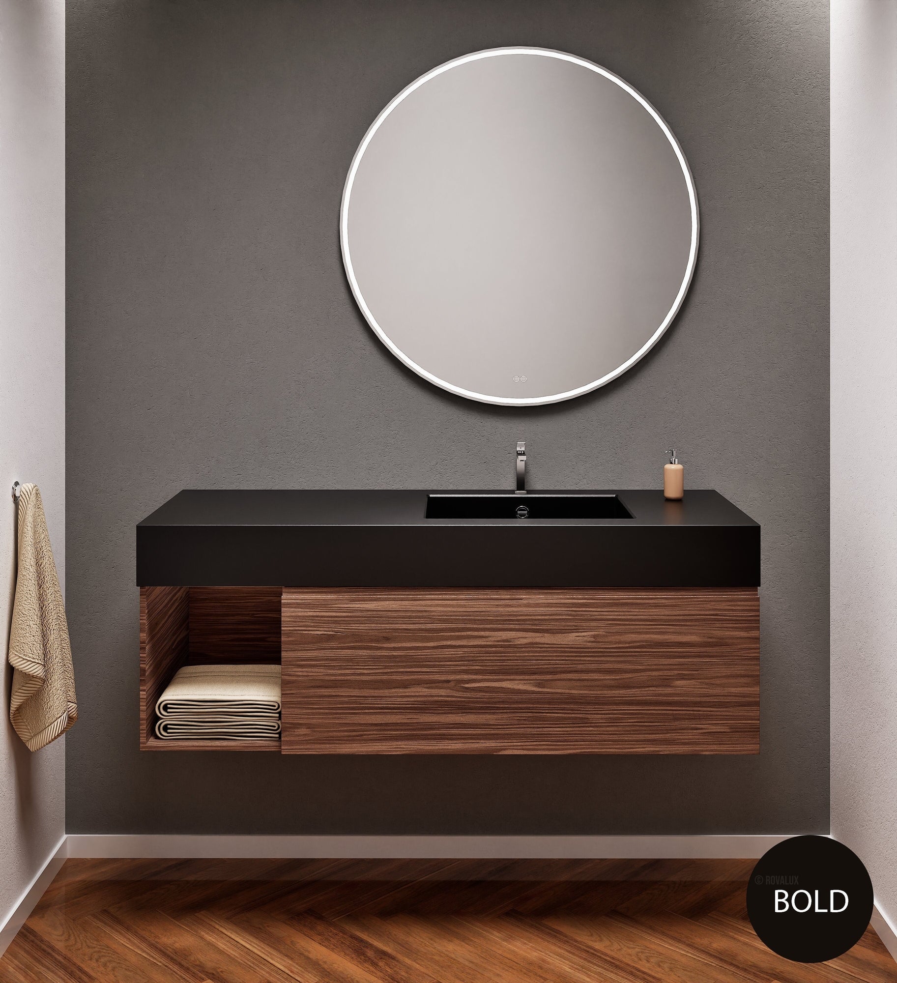 Aurora Single Set – Corian Basi & Countertop with 1 Drawer Vanity & Side Shelf - ROVALUX