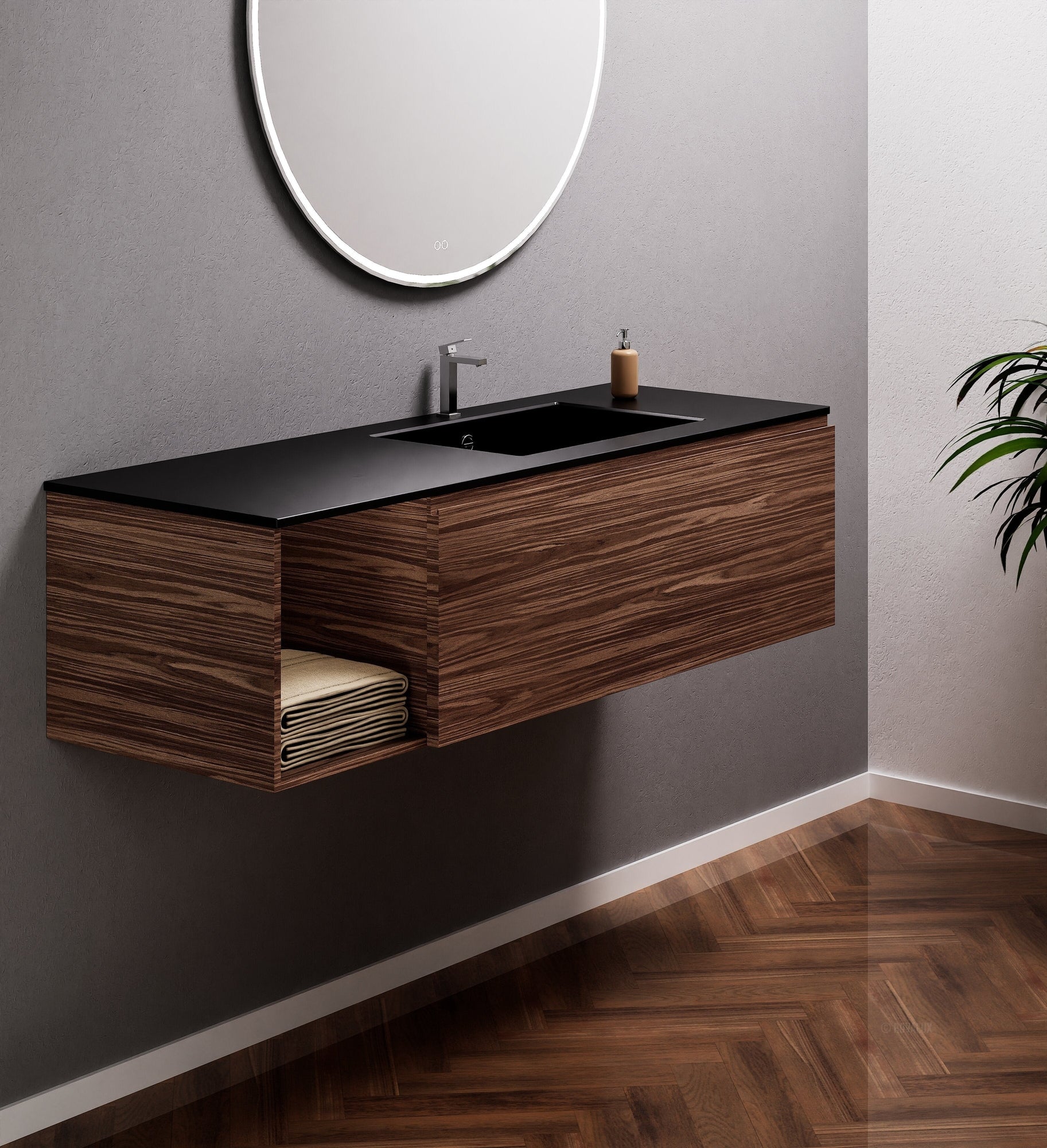 Aurora Single Set – Corian Basi & Countertop with 1 Drawer Vanity & Side Shelf - ROVALUX
