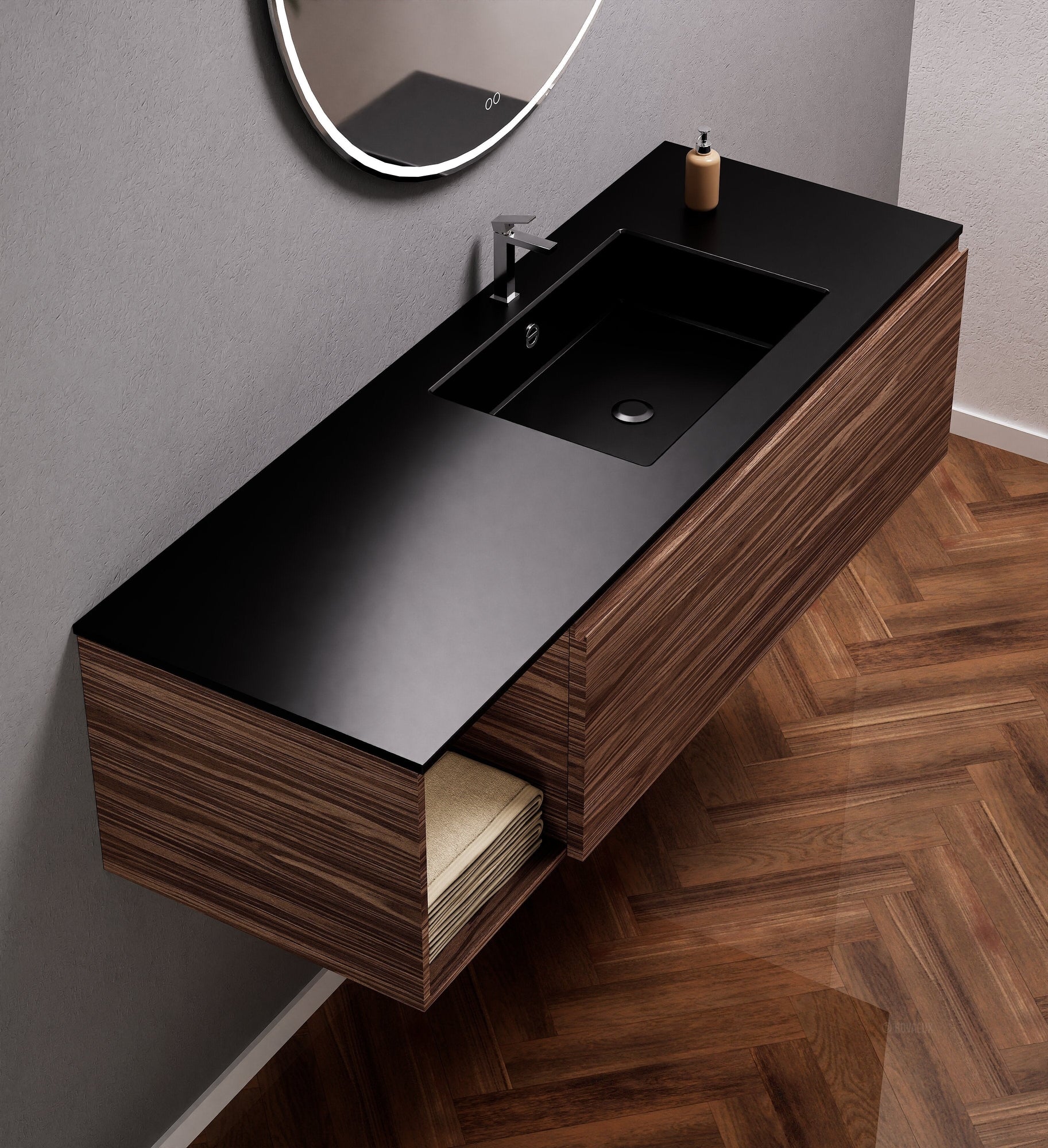 Aurora Single Set – Corian Basi & Countertop with 1 Drawer Vanity & Side Shelf - ROVALUX