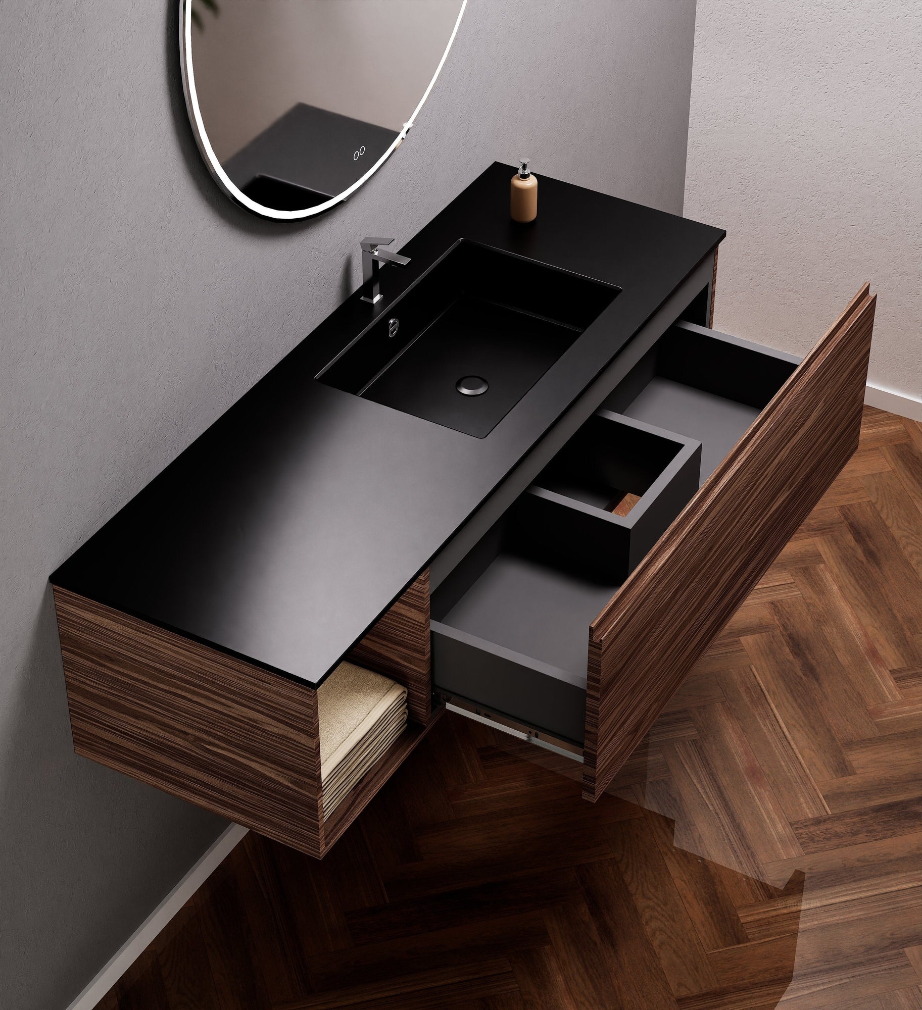 Aurora Single Set – Corian Basi & Countertop with 1 Drawer Vanity & Side Shelf - ROVALUX