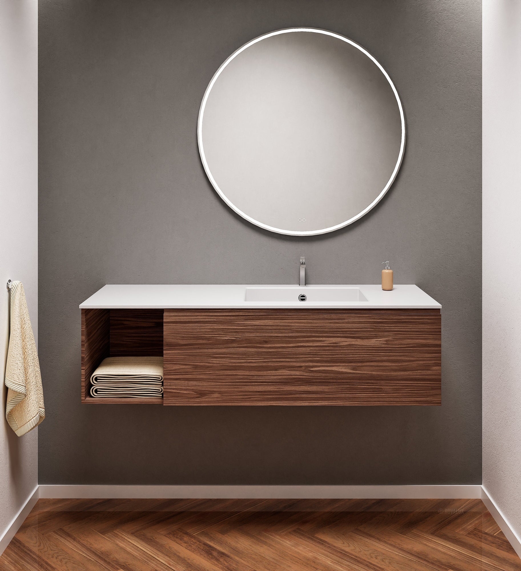 Aurora Single Set – Corian Basi & Countertop with 1 Drawer Vanity & Side Shelf - ROVALUX