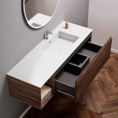 Aurora Single Set – Corian Basi & Countertop with 1 Drawer Vanity & Side Shelf - ROVALUX