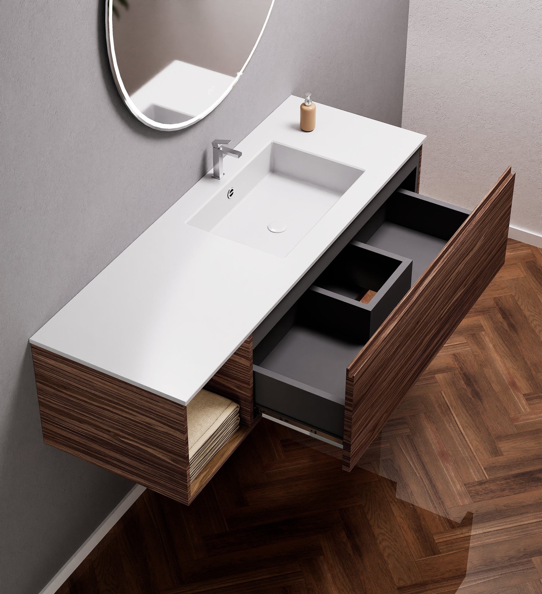 Aurora Single Set – Corian Basi & Countertop with 1 Drawer Vanity & Side Shelf - ROVALUX