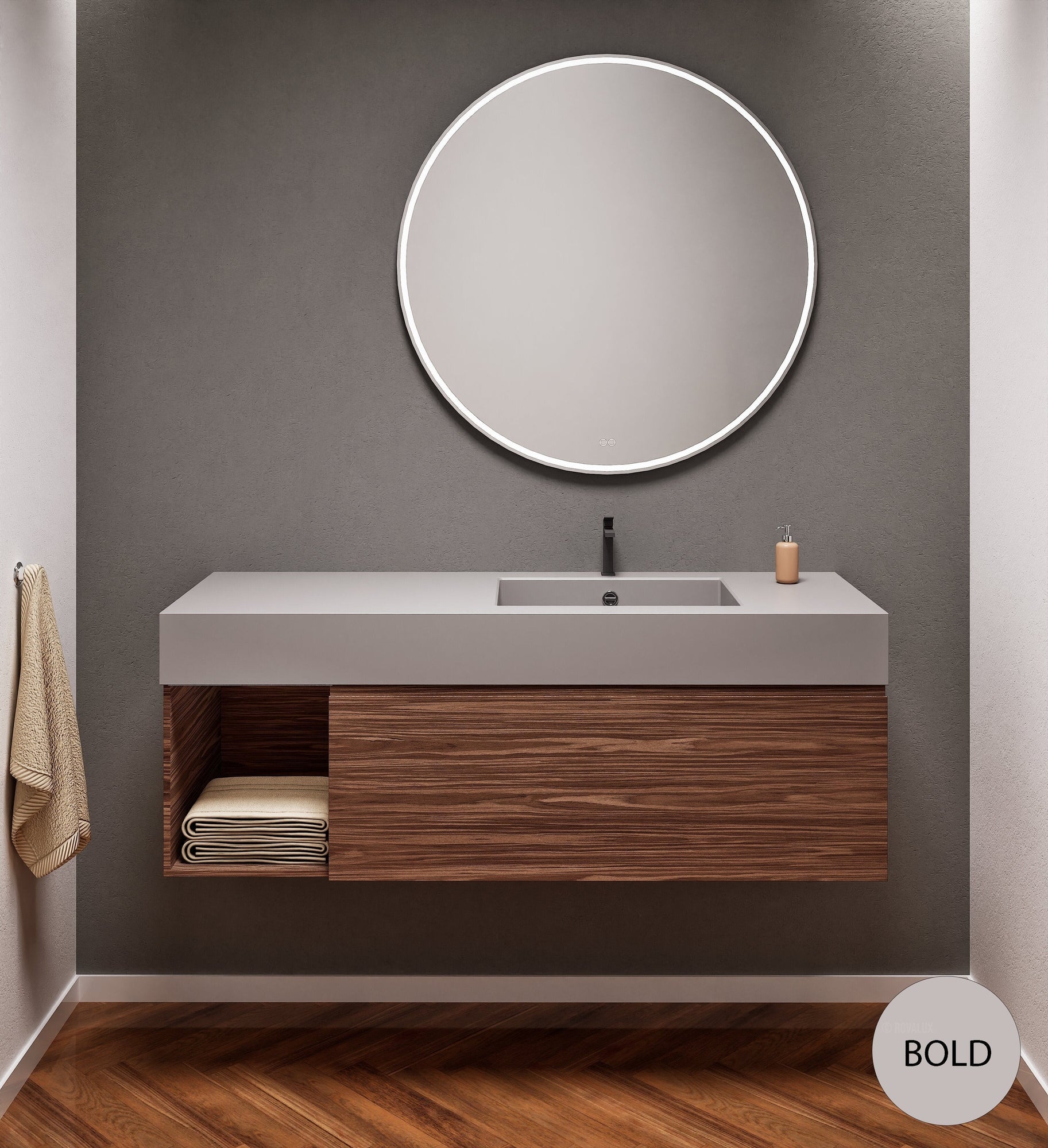 Aurora Single Set – Corian Basi & Countertop with 1 Drawer Vanity & Side Shelf - ROVALUX