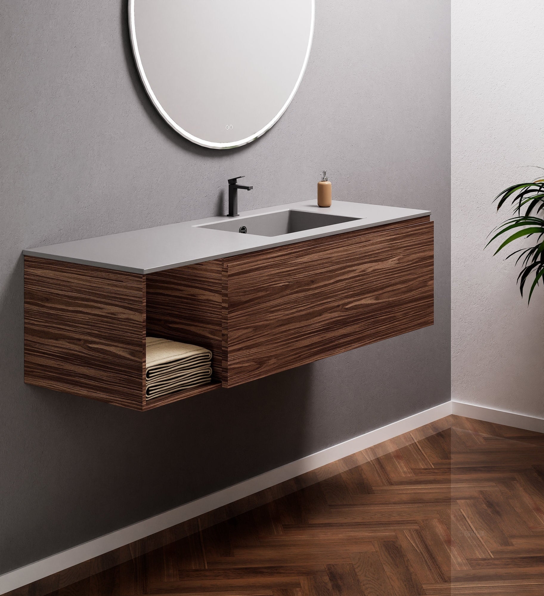 Aurora Single Set – Corian Basi & Countertop with 1 Drawer Vanity & Side Shelf - ROVALUX