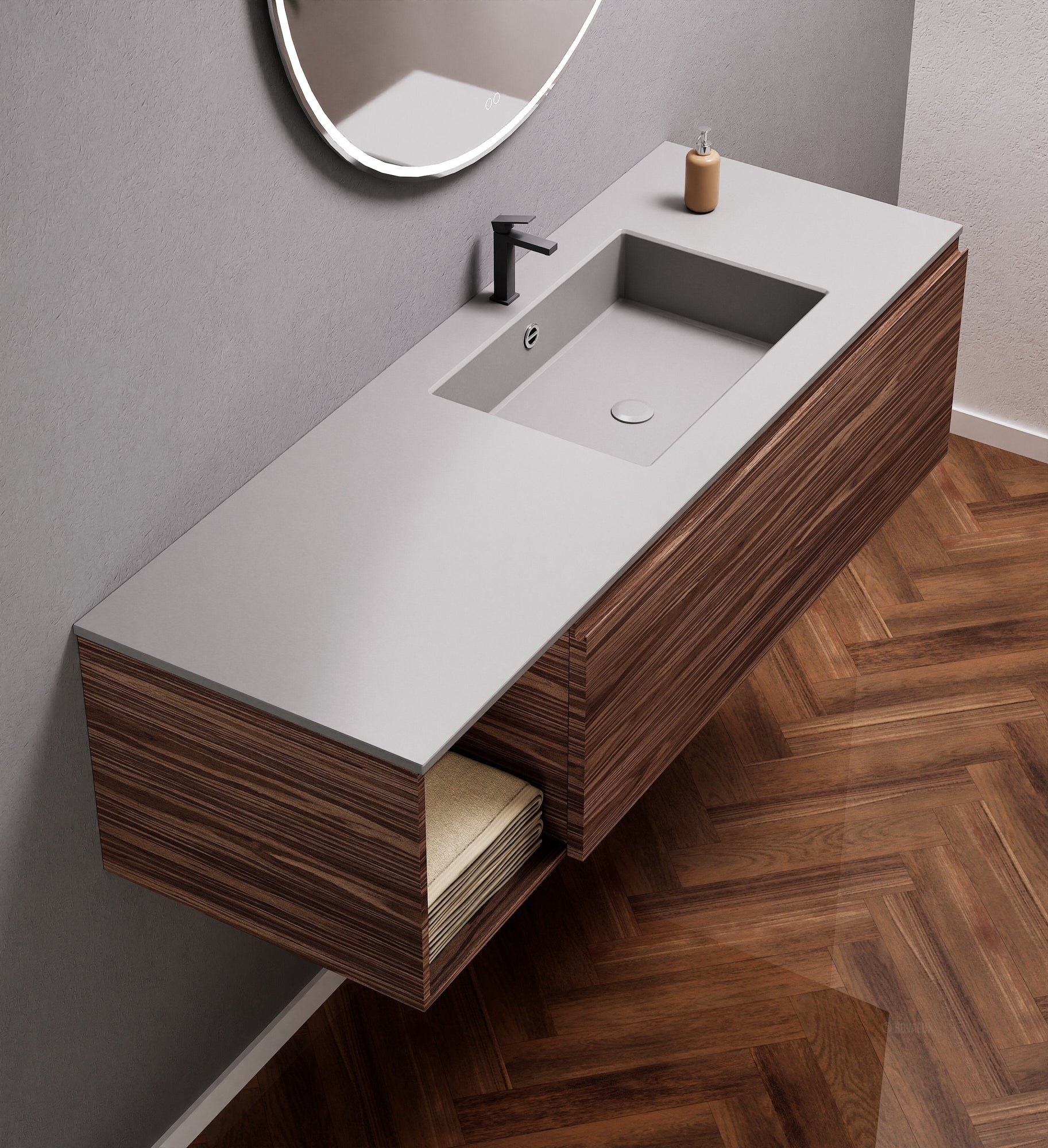 Aurora Single Set – Corian Basi & Countertop with 1 Drawer Vanity & Side Shelf - ROVALUX
