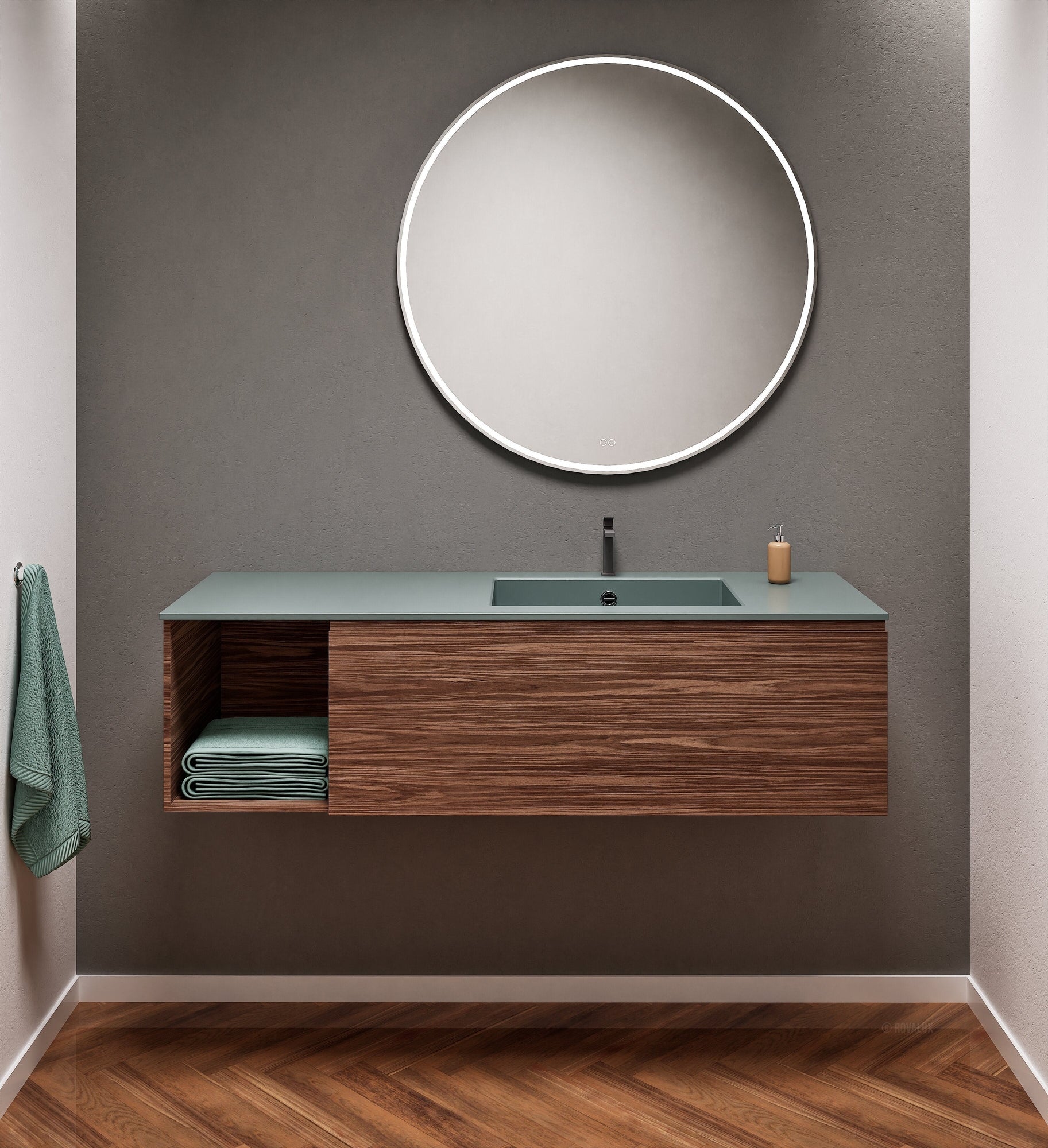 Aurora Single Set – Corian Basi & Countertop with 1 Drawer Vanity & Side Shelf - ROVALUX