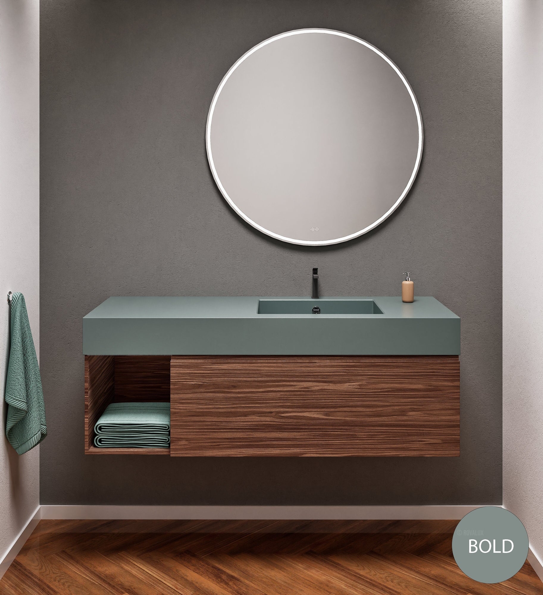 Aurora Single Set – Corian Basi & Countertop with 1 Drawer Vanity & Side Shelf - ROVALUX