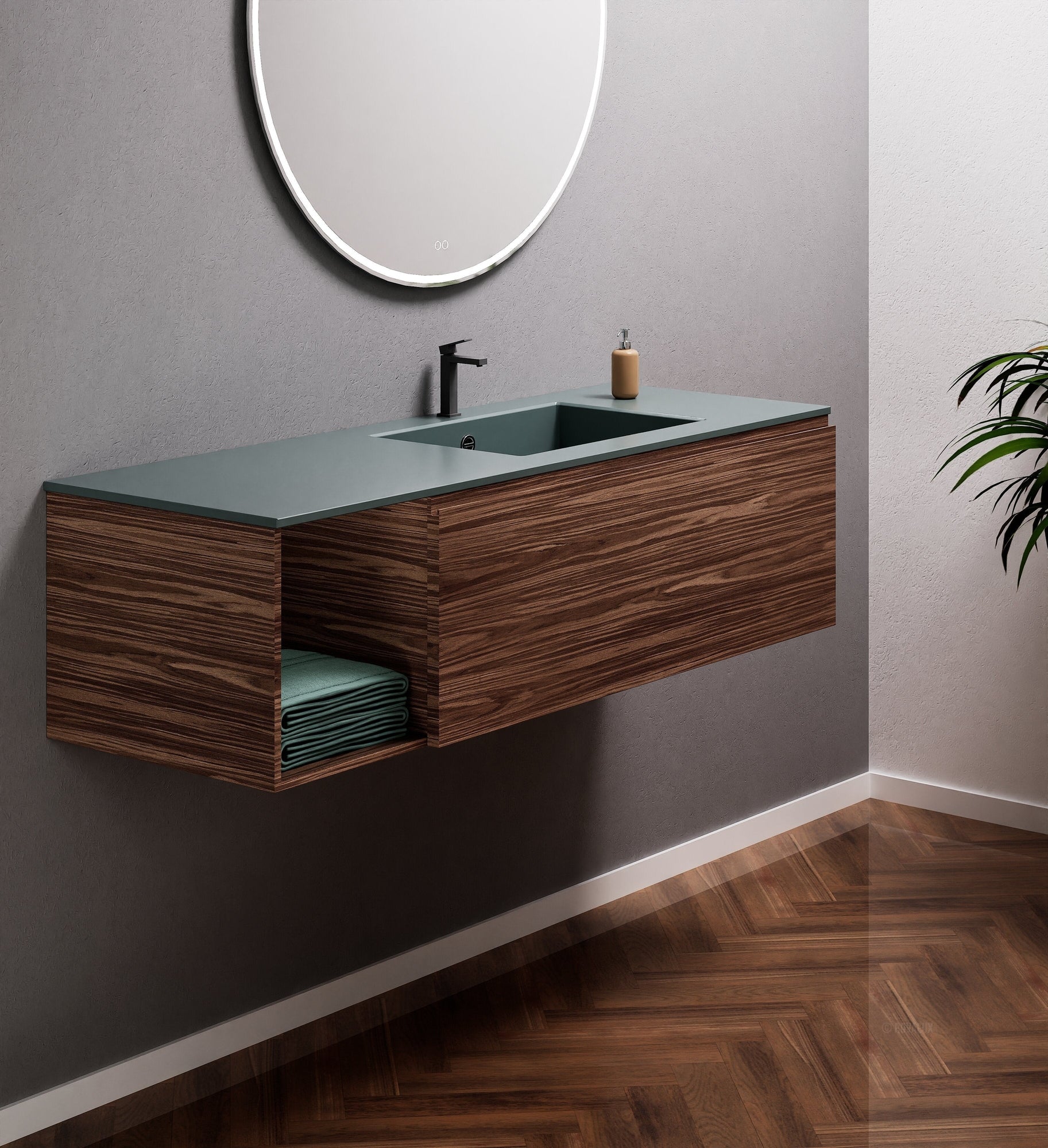 Aurora Single Set – Corian Basi & Countertop with 1 Drawer Vanity & Side Shelf - ROVALUX