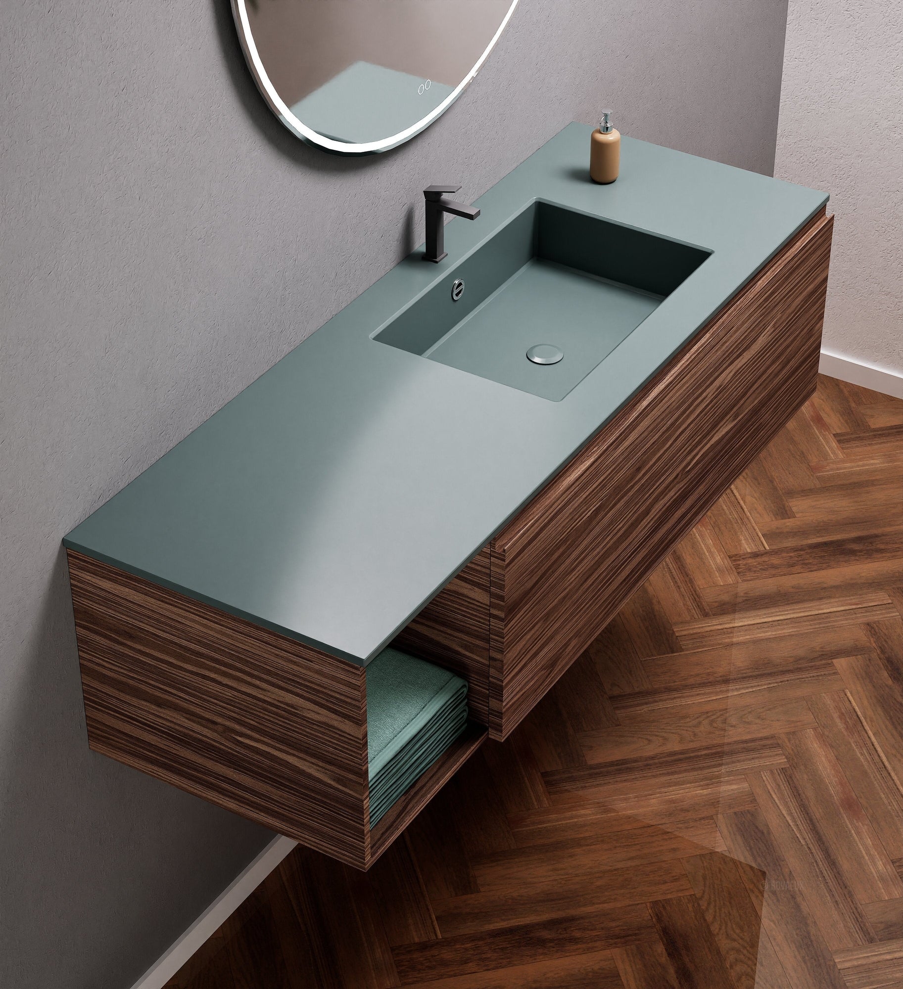 Aurora Single Set – Corian Basi & Countertop with 1 Drawer Vanity & Side Shelf - ROVALUX