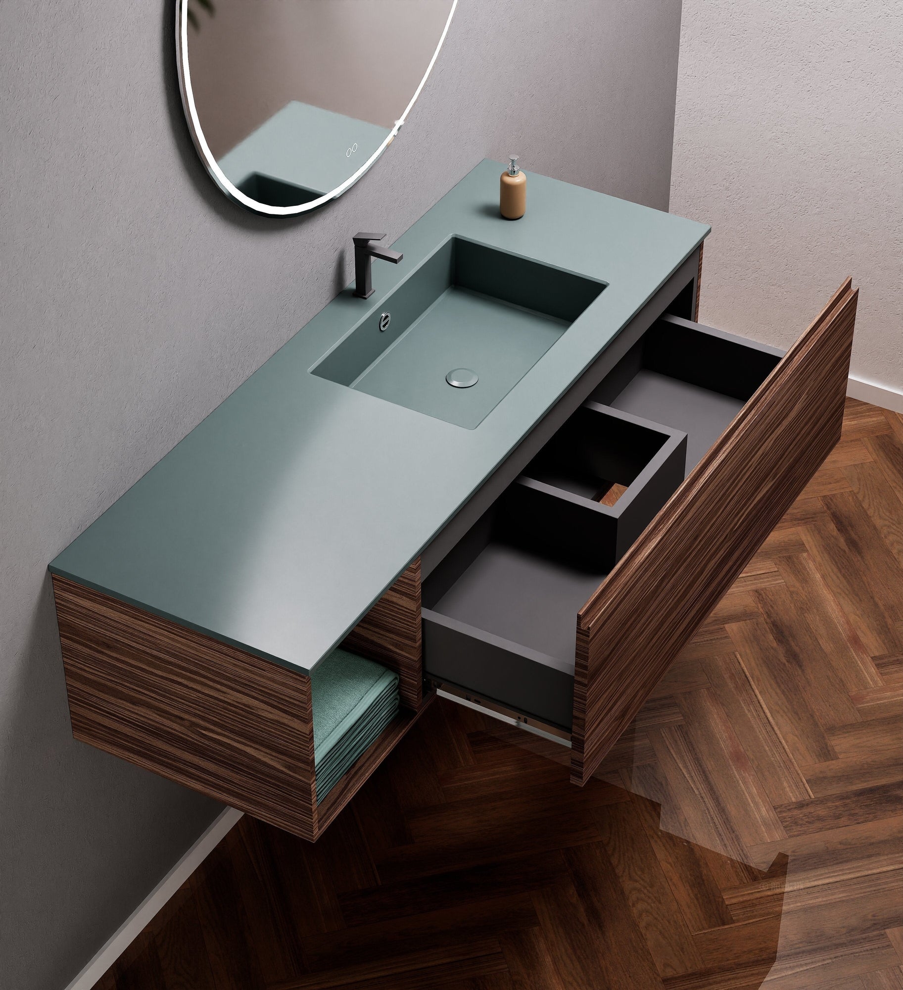 Aurora Single Set – Corian Basi & Countertop with 1 Drawer Vanity & Side Shelf - ROVALUX