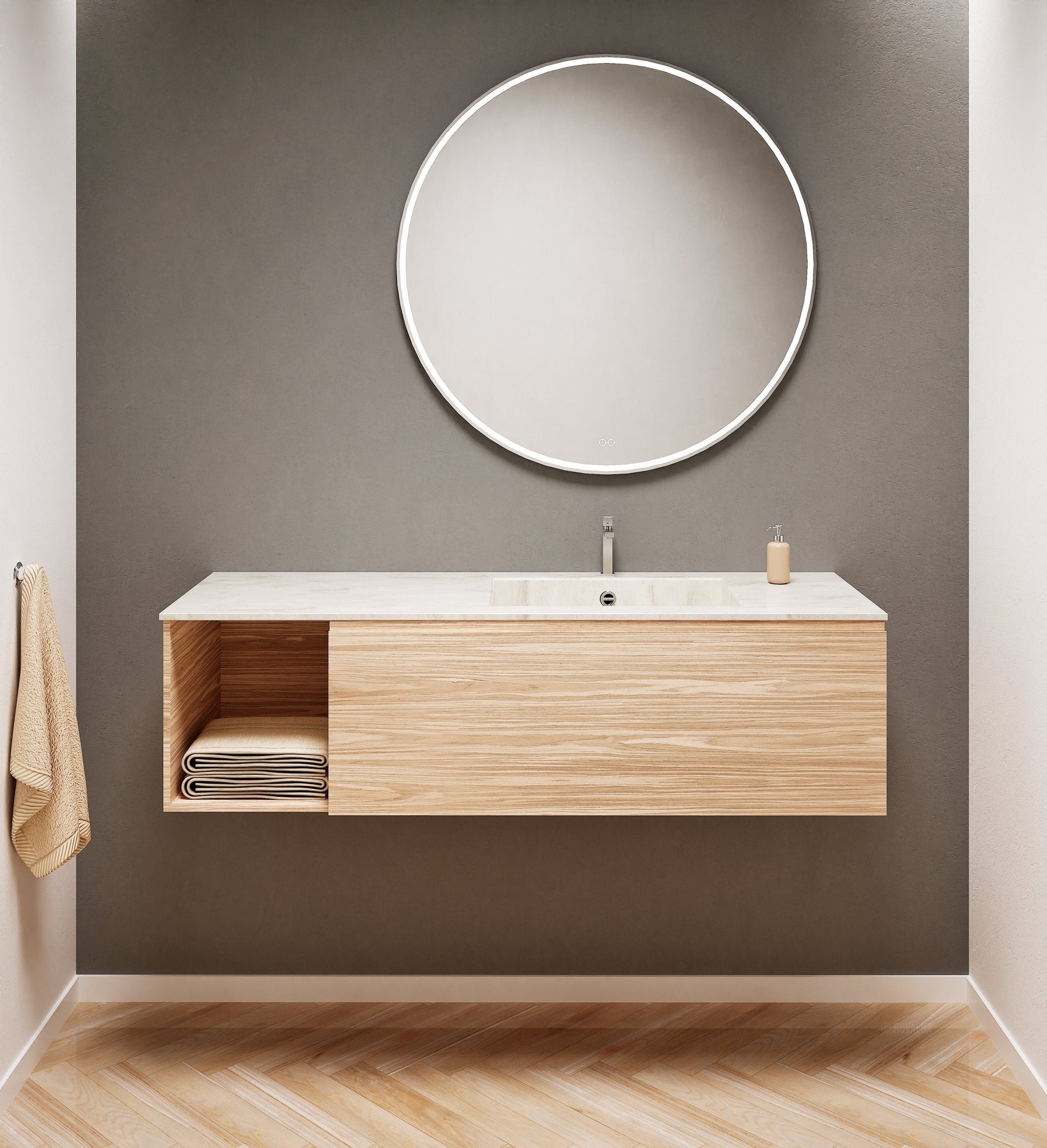 Aurora Single Set – Corian Basi & Countertop with 1 Drawer Vanity & Side Shelf - ROVALUX
