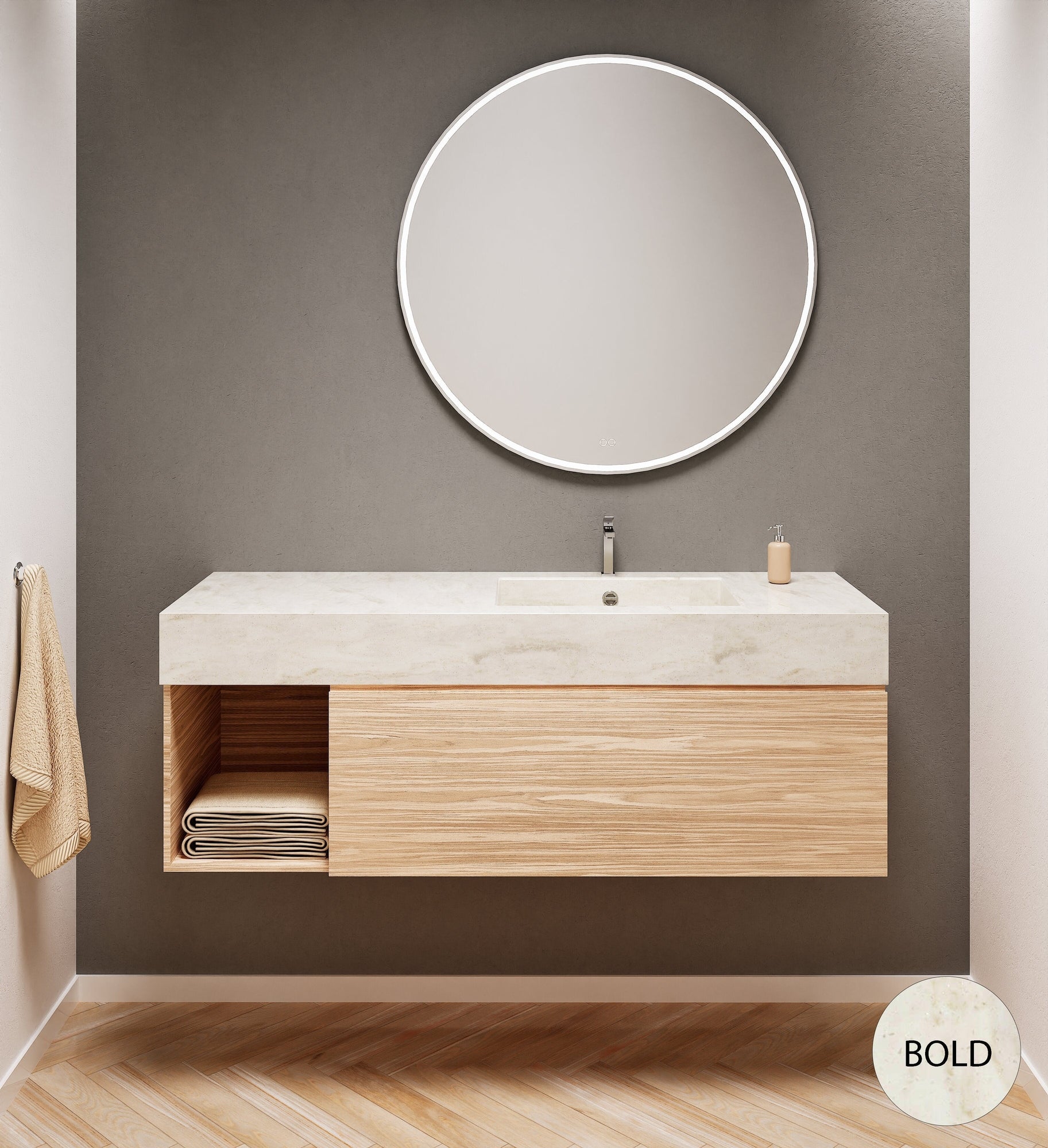 Aurora Single Set – Corian Basi & Countertop with 1 Drawer Vanity & Side Shelf - ROVALUX