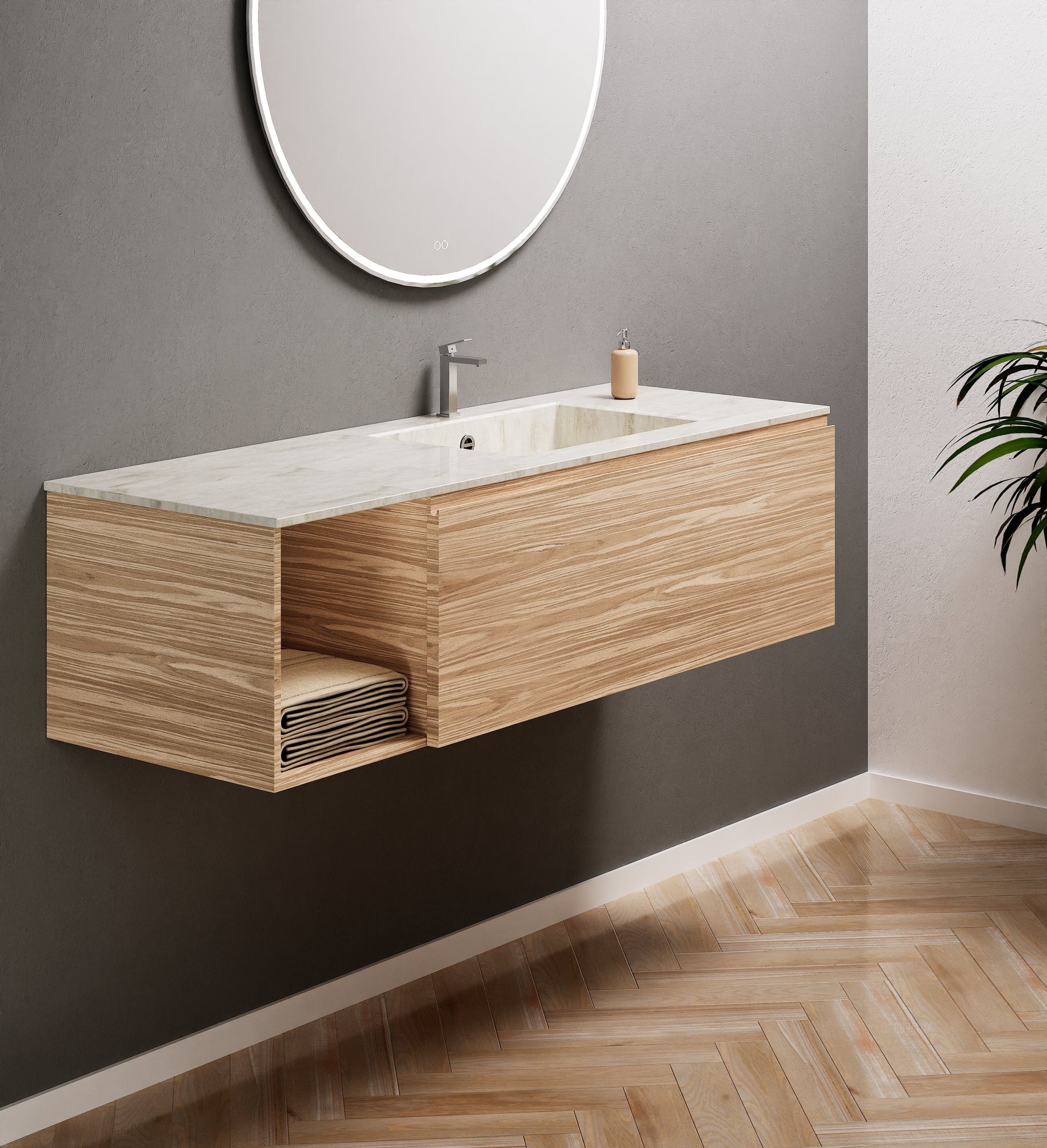 Aurora Single Set – Corian Basi & Countertop with 1 Drawer Vanity & Side Shelf - ROVALUX
