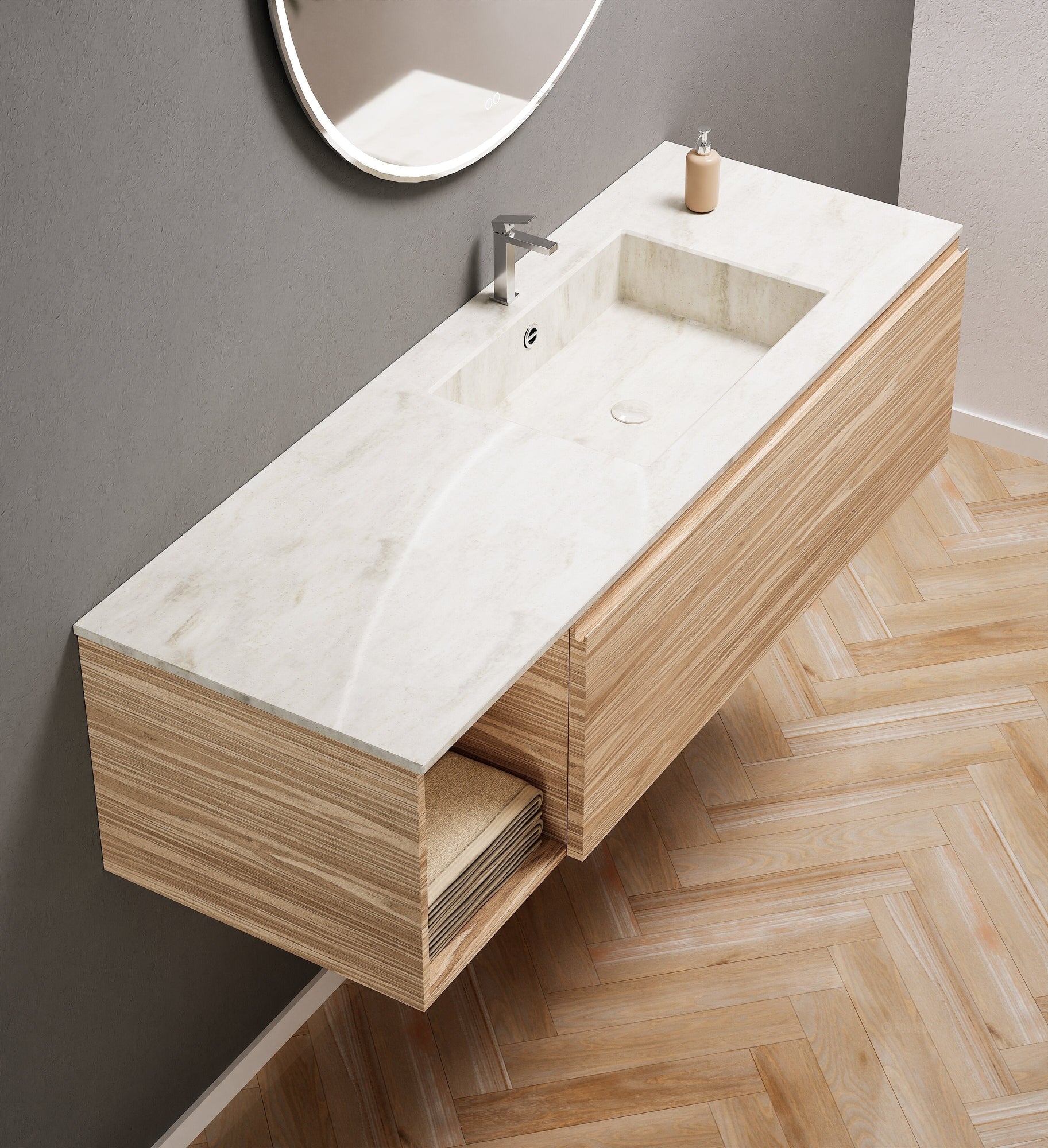Aurora Single Set – Corian Basi & Countertop with 1 Drawer Vanity & Side Shelf - ROVALUX