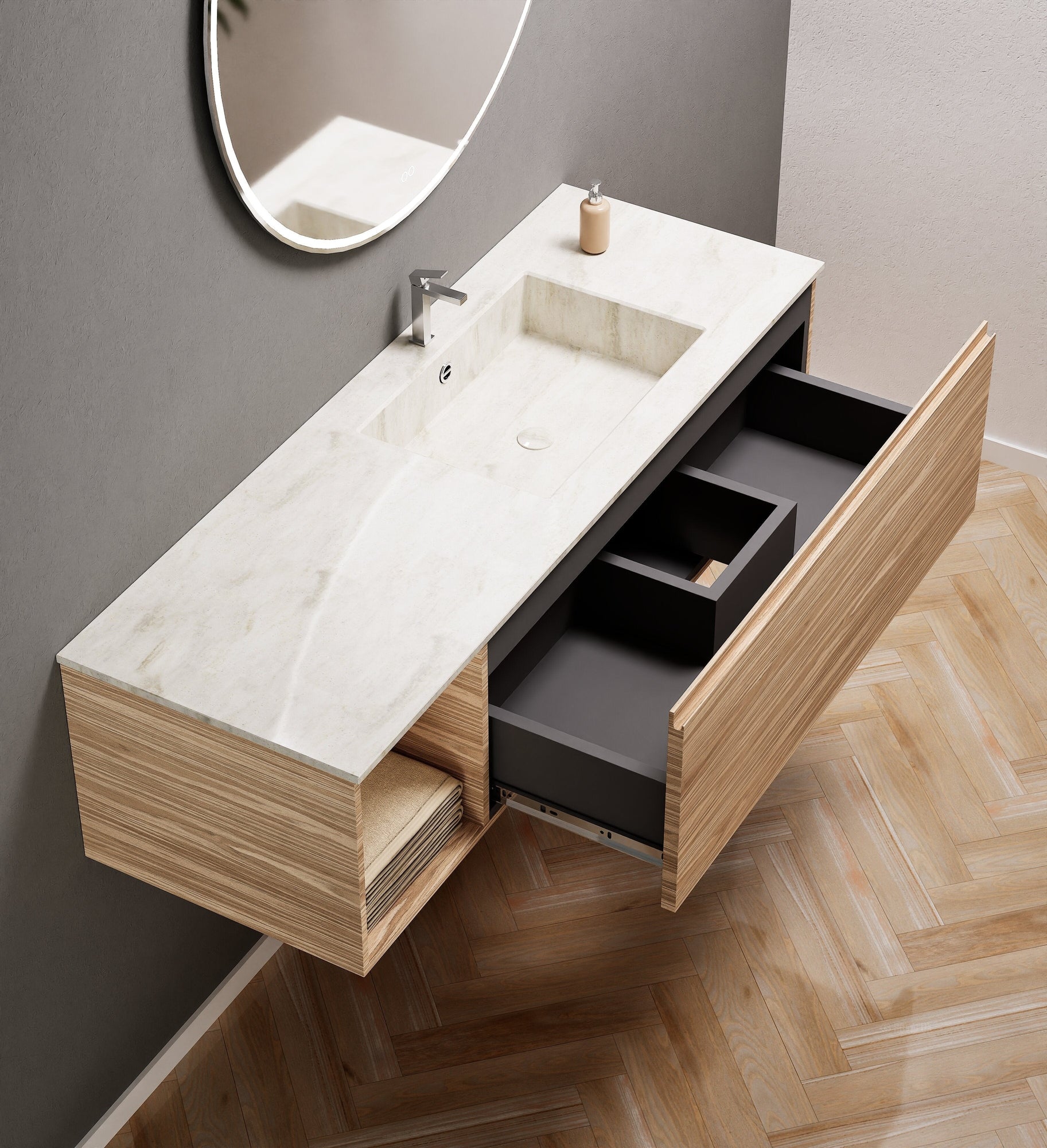 Aurora Single Set – Corian Basi & Countertop with 1 Drawer Vanity & Side Shelf - ROVALUX