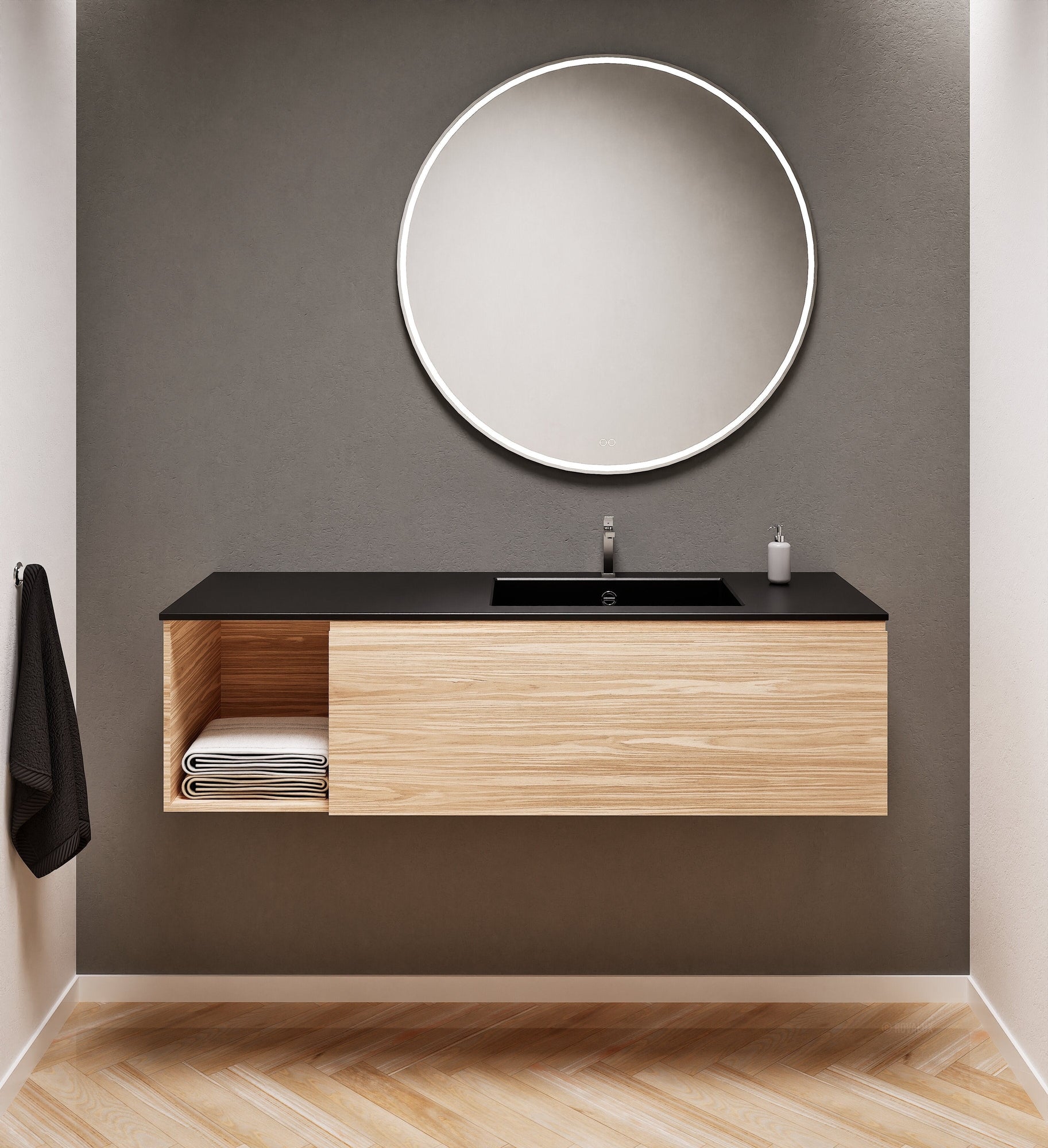 Aurora Single Set – Corian Basi & Countertop with 1 Drawer Vanity & Side Shelf - ROVALUX