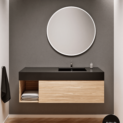 Aurora Single Set – Corian Basi & Countertop with 1 Drawer Vanity & Side Shelf - ROVALUX