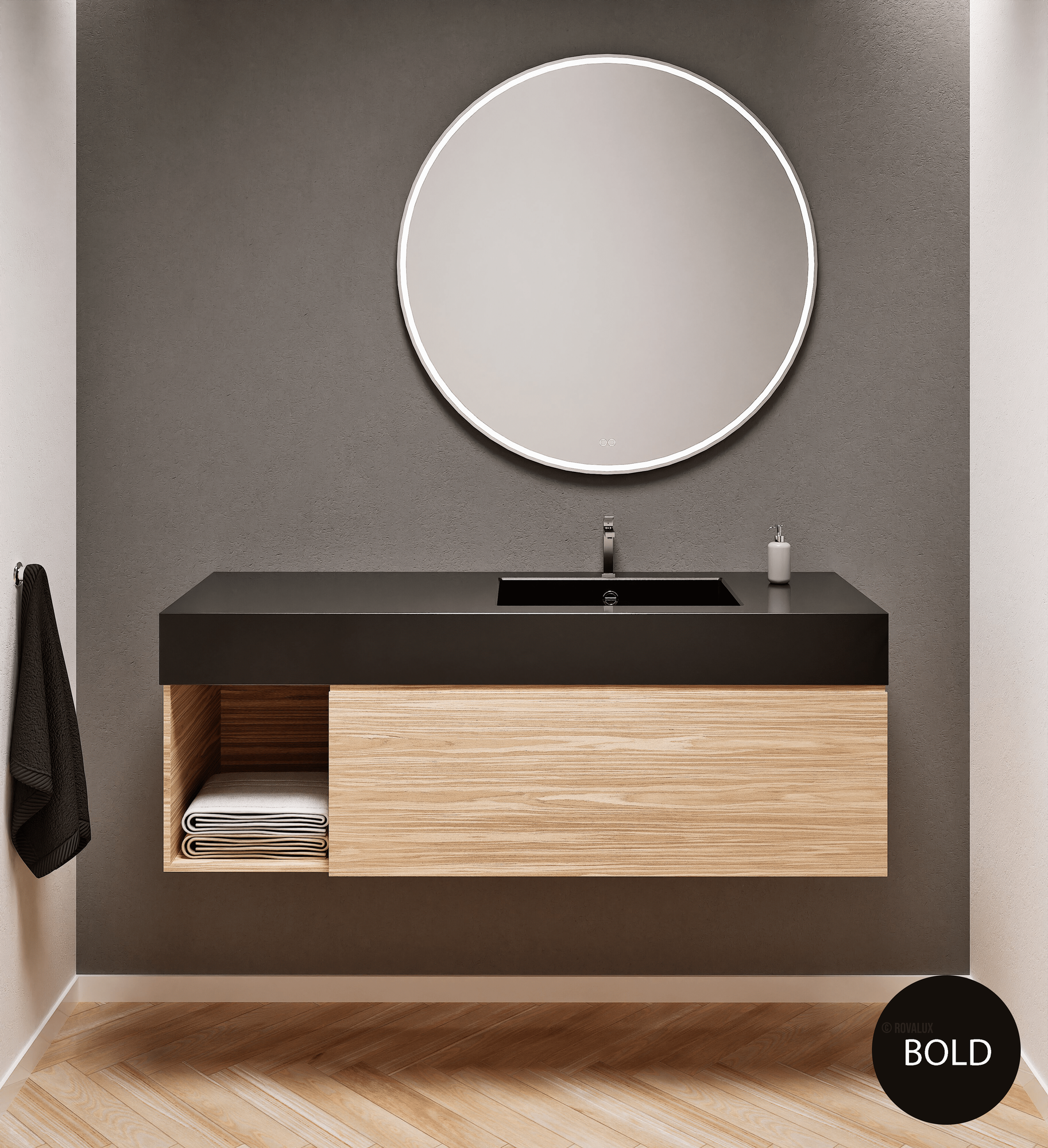 Aurora Single Set – Corian Basi & Countertop with 1 Drawer Vanity & Side Shelf - ROVALUX