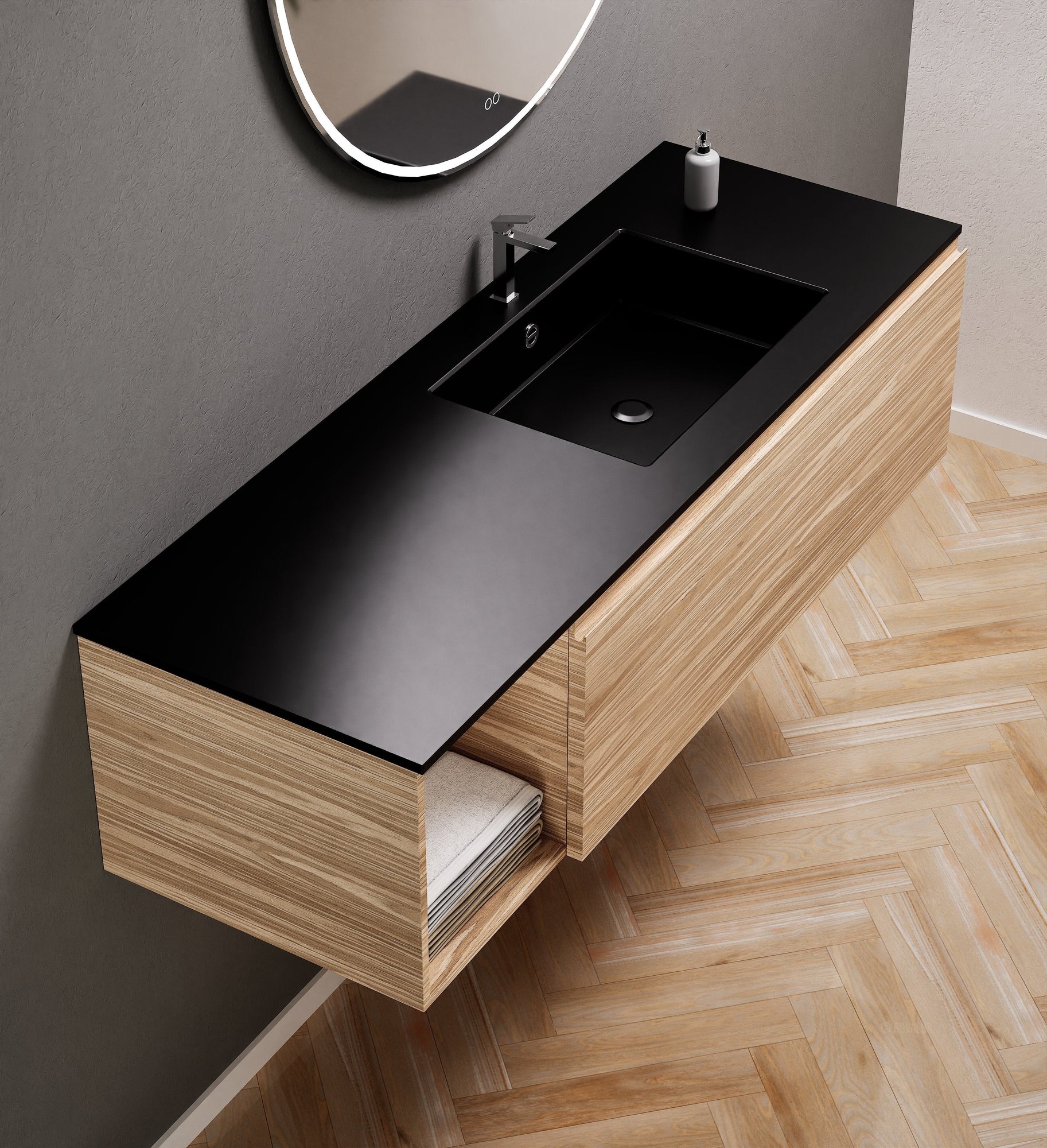 Aurora Single Set – Corian Basi & Countertop with 1 Drawer Vanity & Side Shelf - ROVALUX