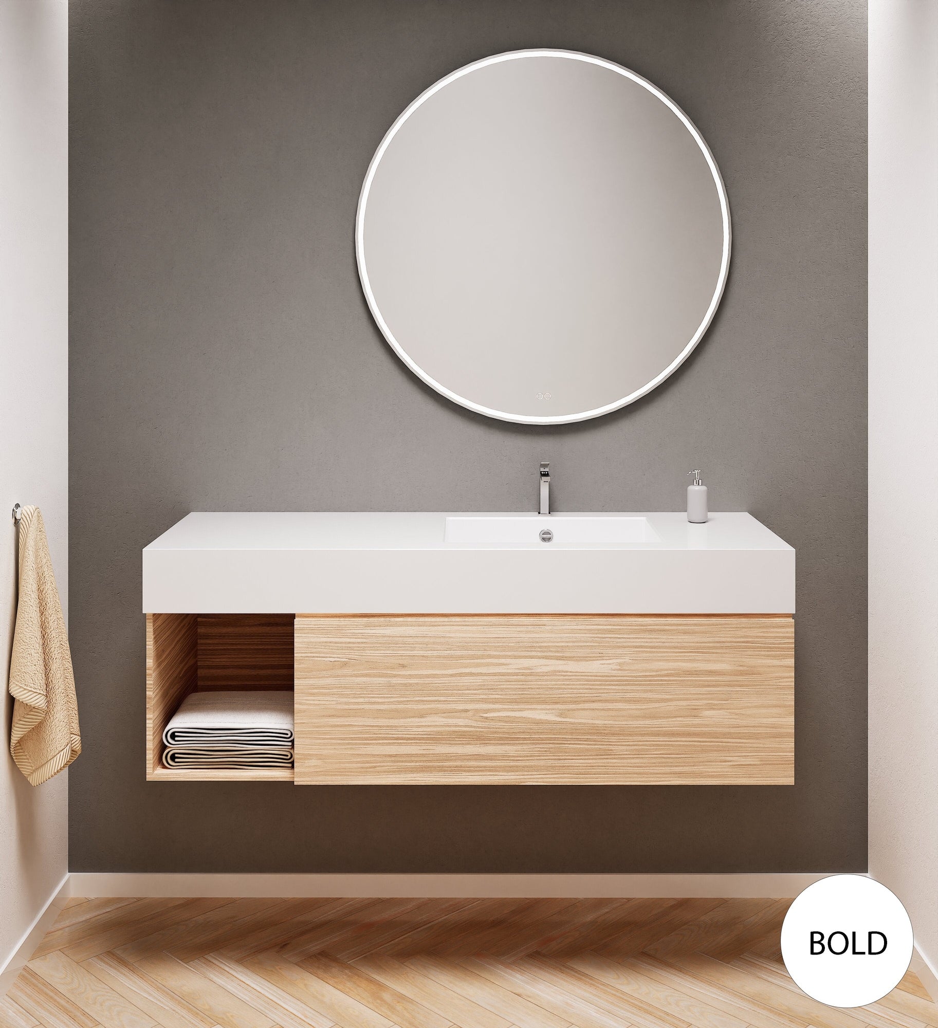 Aurora Single Set – Corian Basi & Countertop with 1 Drawer Vanity & Side Shelf - ROVALUX