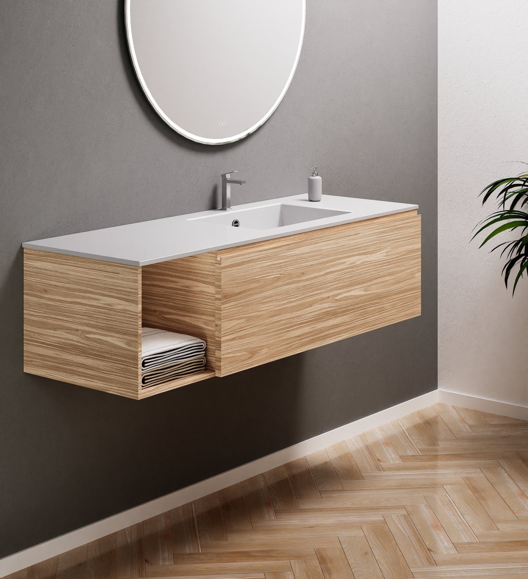 Aurora Single Set – Corian Basi & Countertop with 1 Drawer Vanity & Side Shelf - ROVALUX