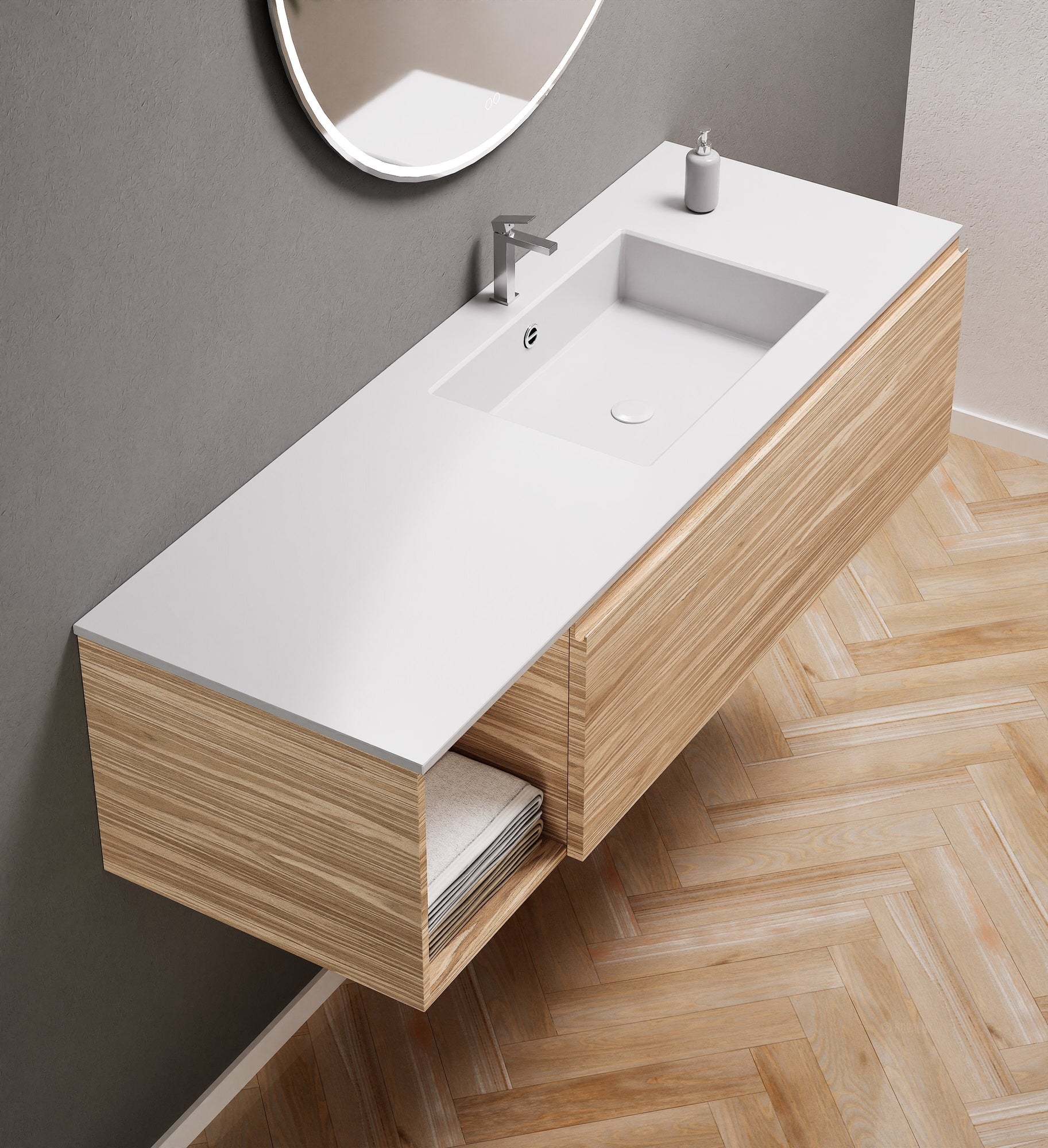 Aurora Single Set – Corian Basi & Countertop with 1 Drawer Vanity & Side Shelf - ROVALUX