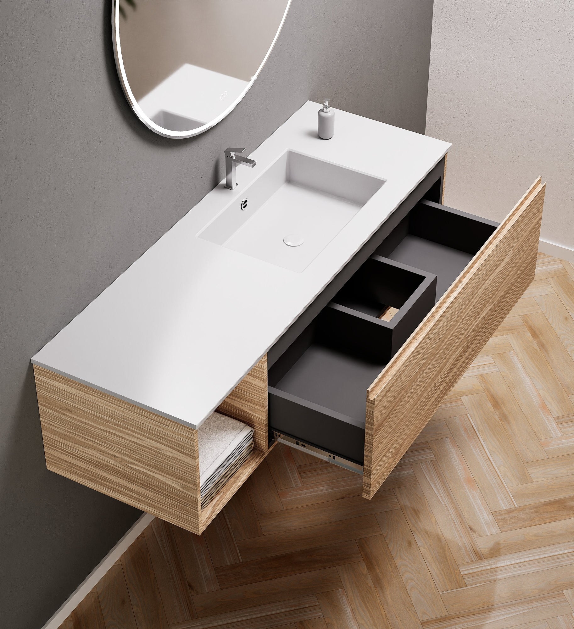 Aurora Single Set – Corian Basi & Countertop with 1 Drawer Vanity & Side Shelf - ROVALUX