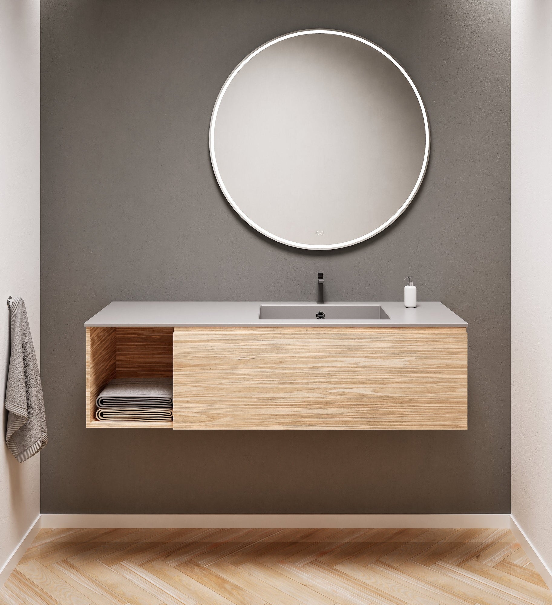 Aurora Single Set – Corian Basi & Countertop with 1 Drawer Vanity & Side Shelf - ROVALUX