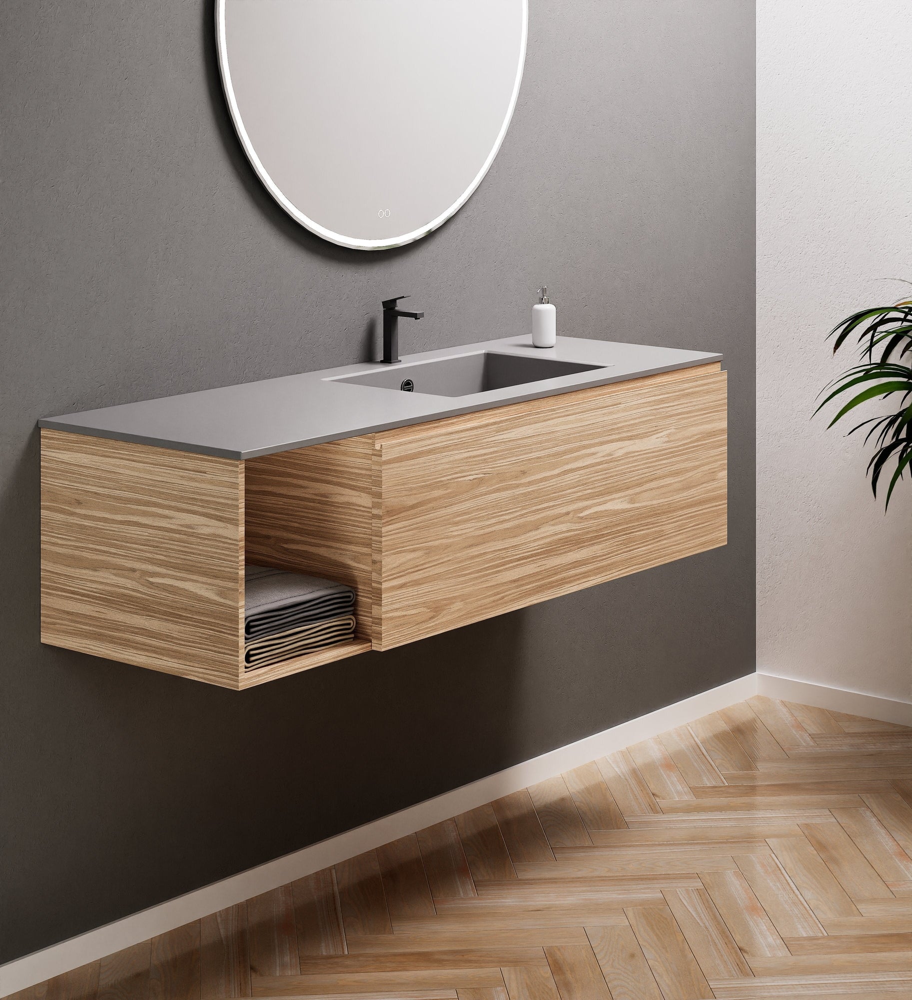 Aurora Single Set – Corian Basi & Countertop with 1 Drawer Vanity & Side Shelf - ROVALUX