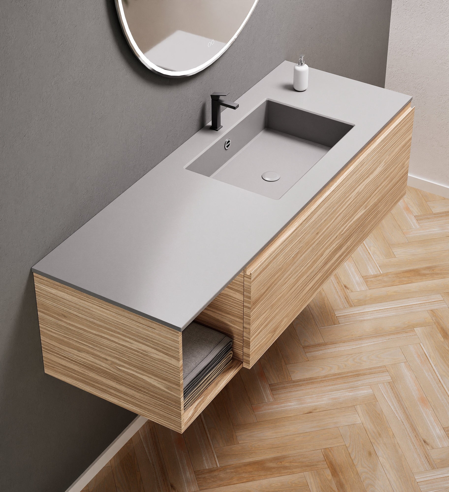 Aurora Single Set – Corian Basi & Countertop with 1 Drawer Vanity & Side Shelf - ROVALUX
